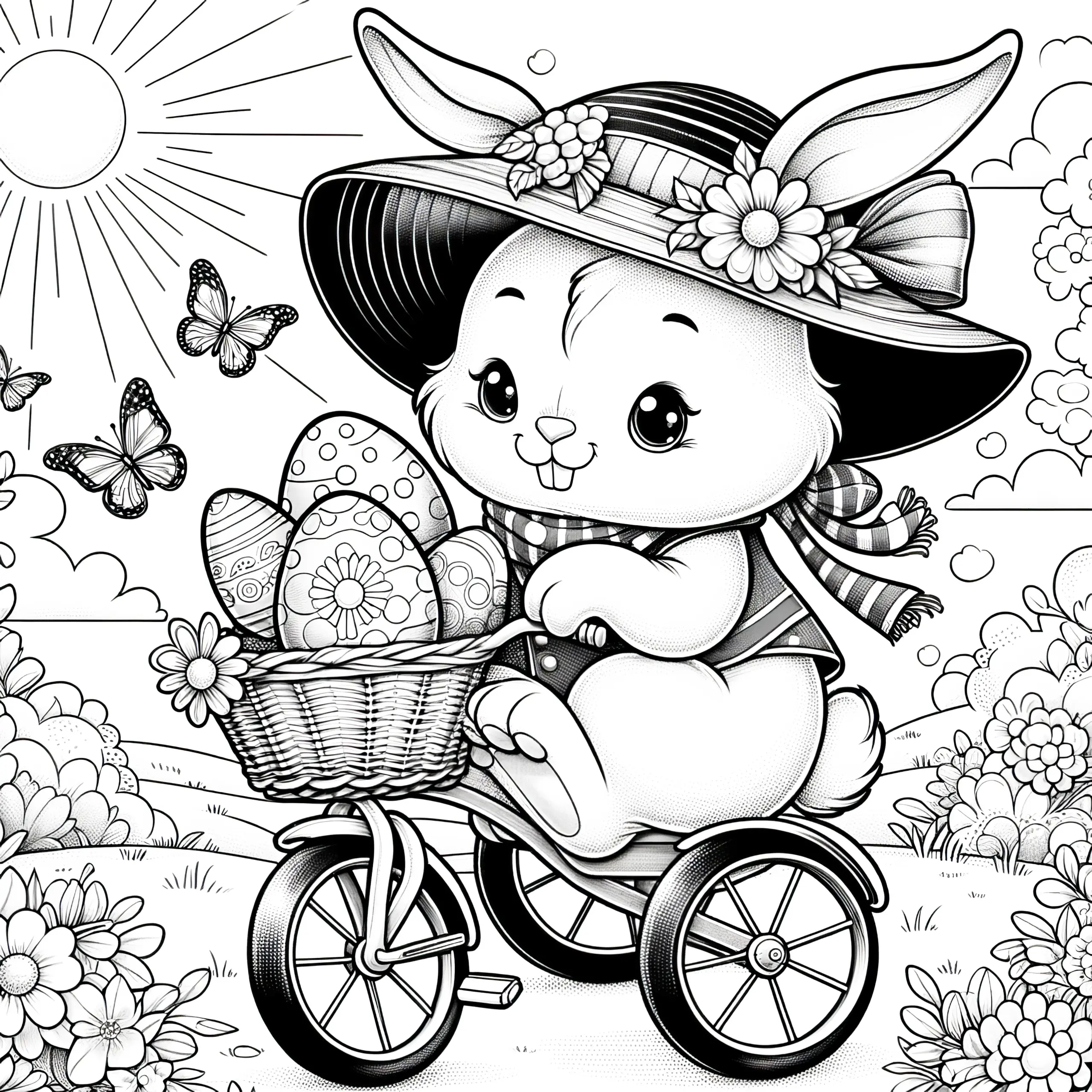Osterhasendame auf dem Fahrrad mit Osterkorb: Schönes Ausmalbild zum Download (Gratis)