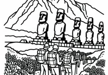 Osterinsel Statuen in Chile mit Wanderern – Ausmalbild für Südamerika