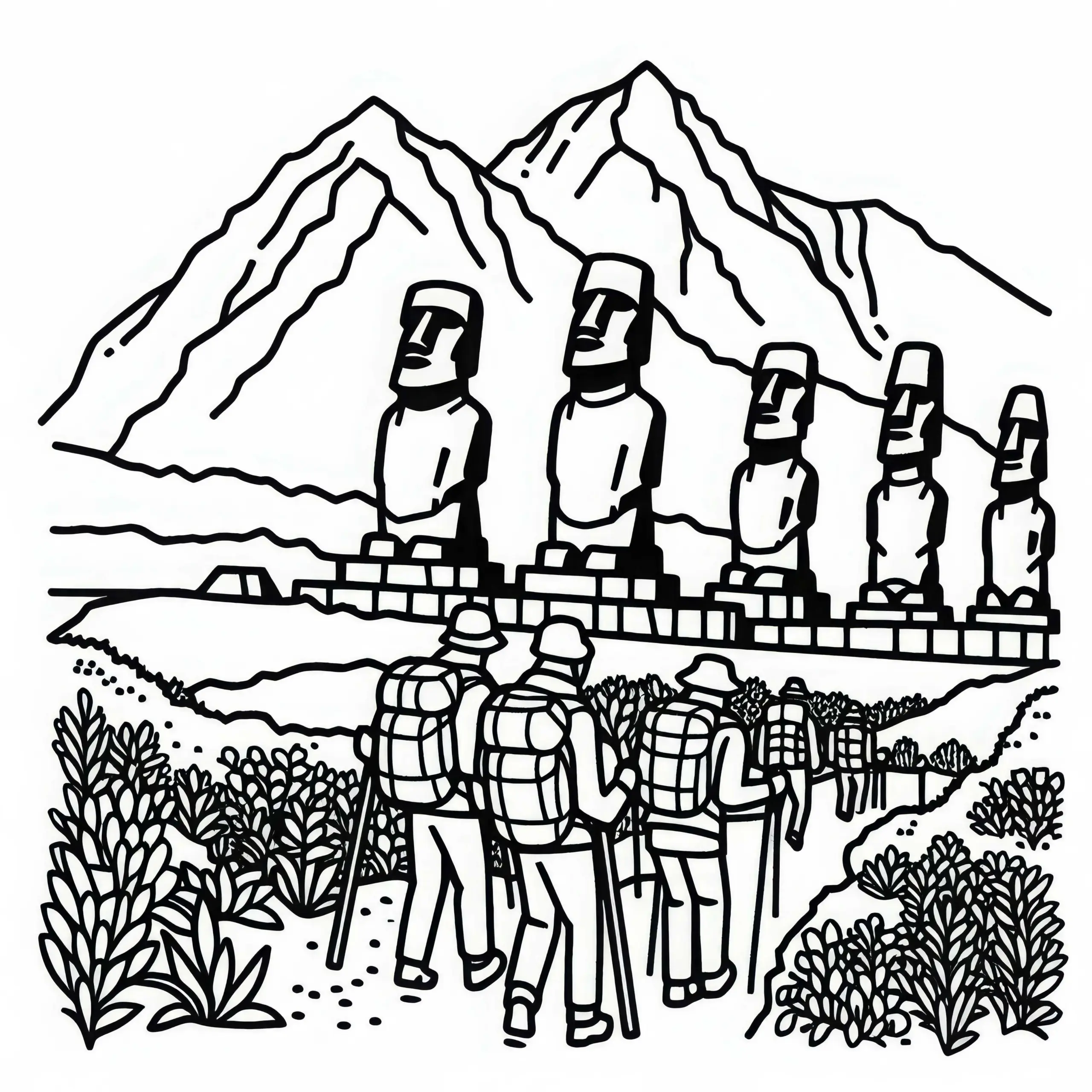 Osterinsel Statuen in Chile mit Wanderern – Ausmalbild für Südamerika