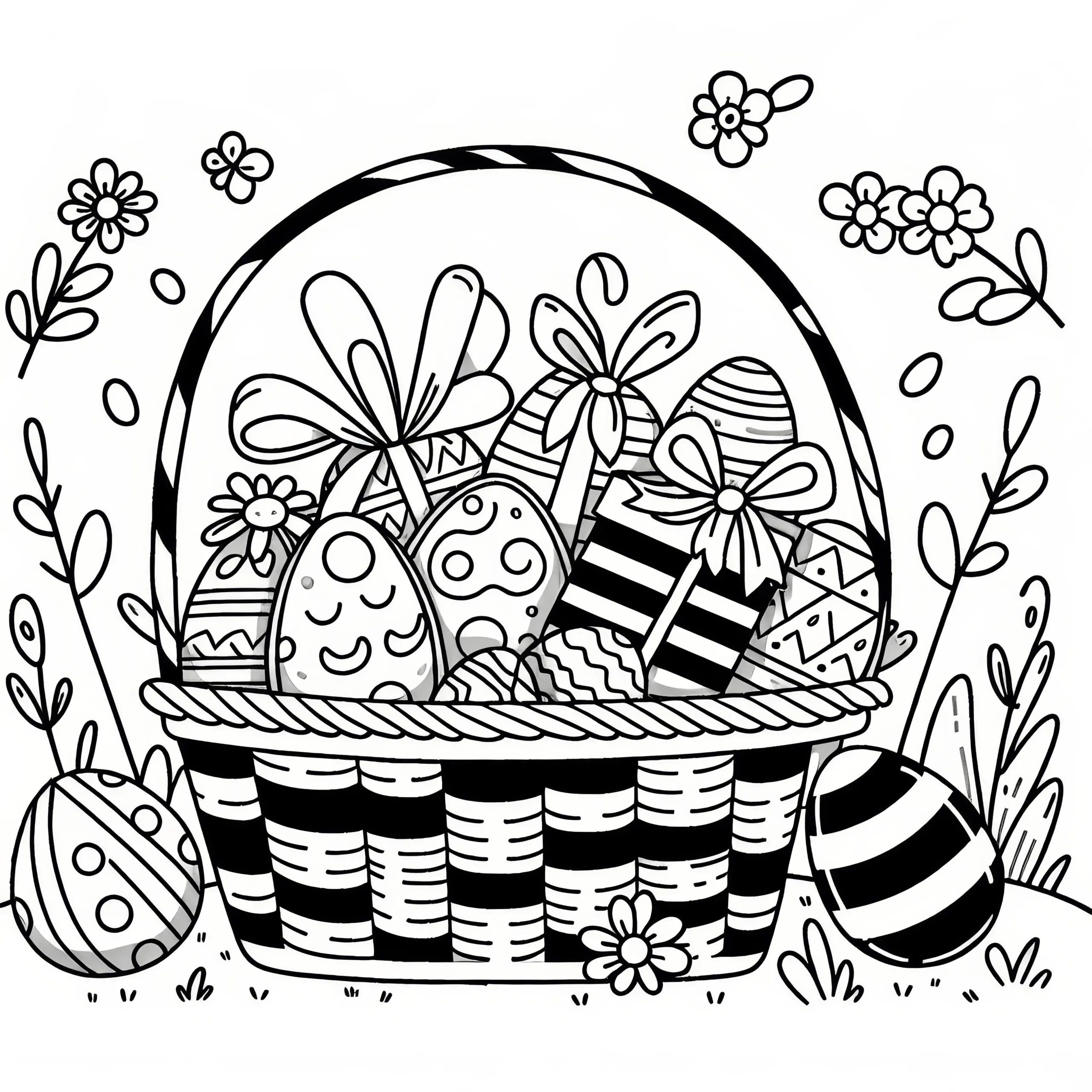 Osterkorb mit Geschenken als Ausmalbild (Kostenlos)