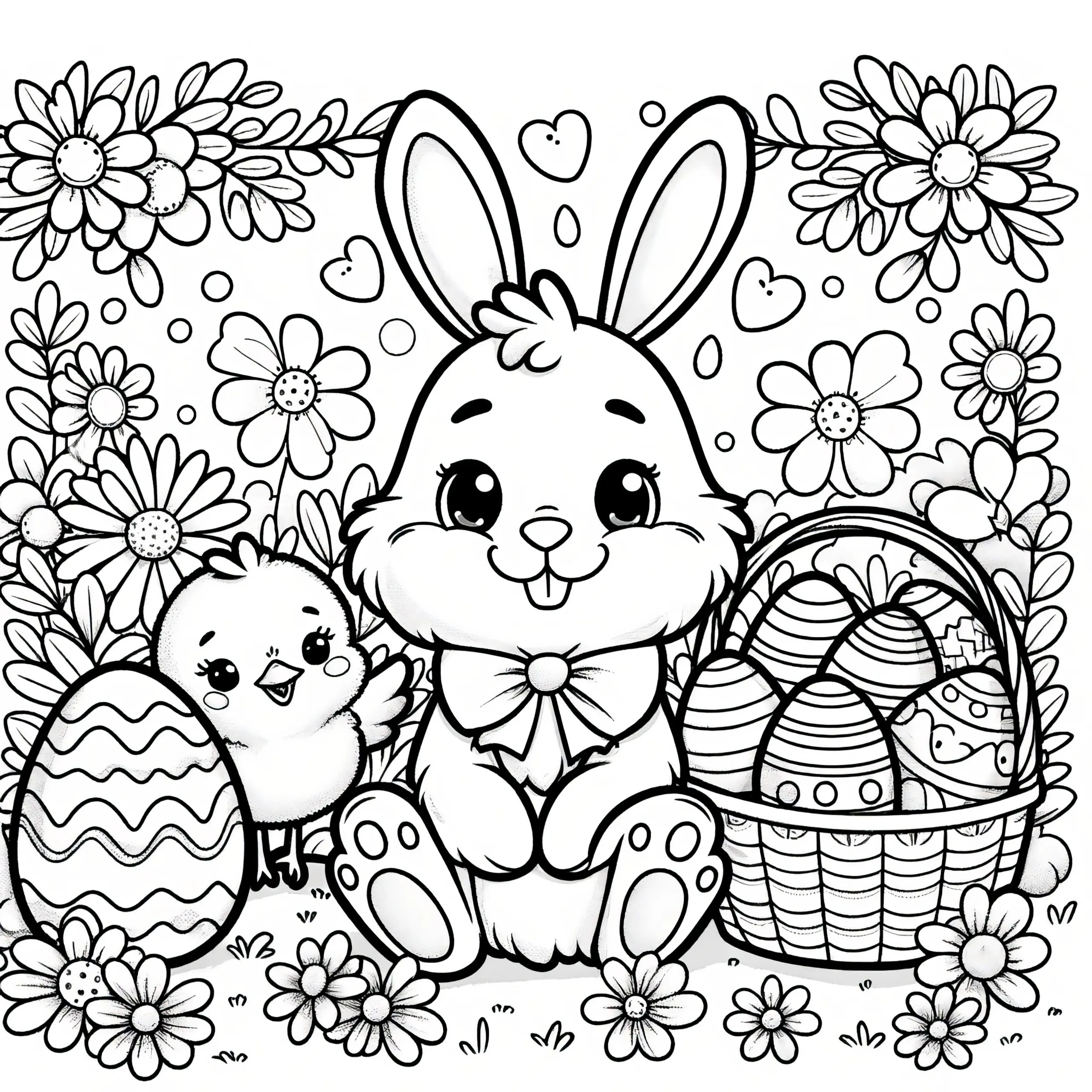 Osterkorb mit Osterhase, Küken, Ostereiern und vielen Blüten: Malvorlage (Kostenlos) (Ausmalbild)