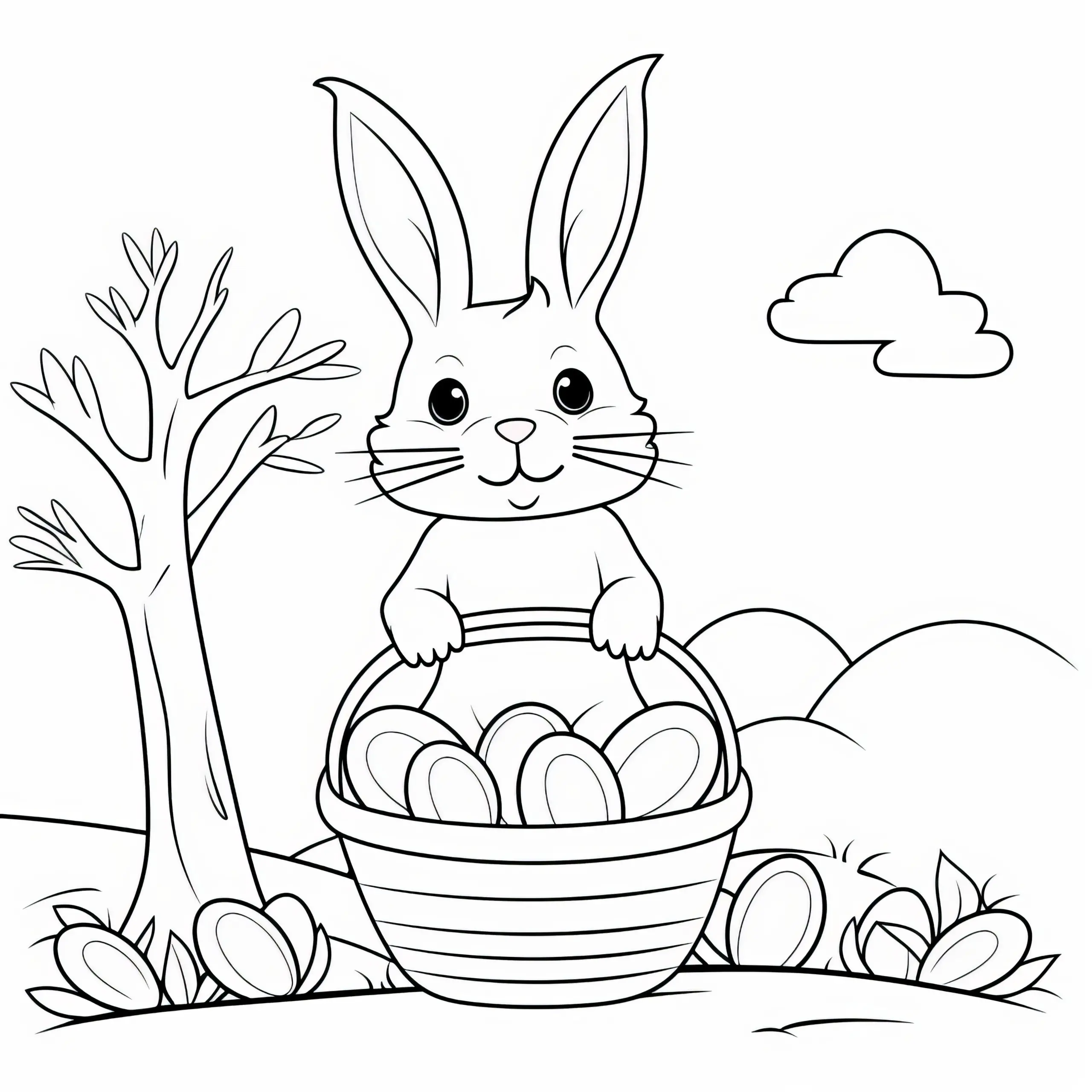 Osterkorb und Osterhase in Naturlandschaft: Ausmalbild (Kostenlos)