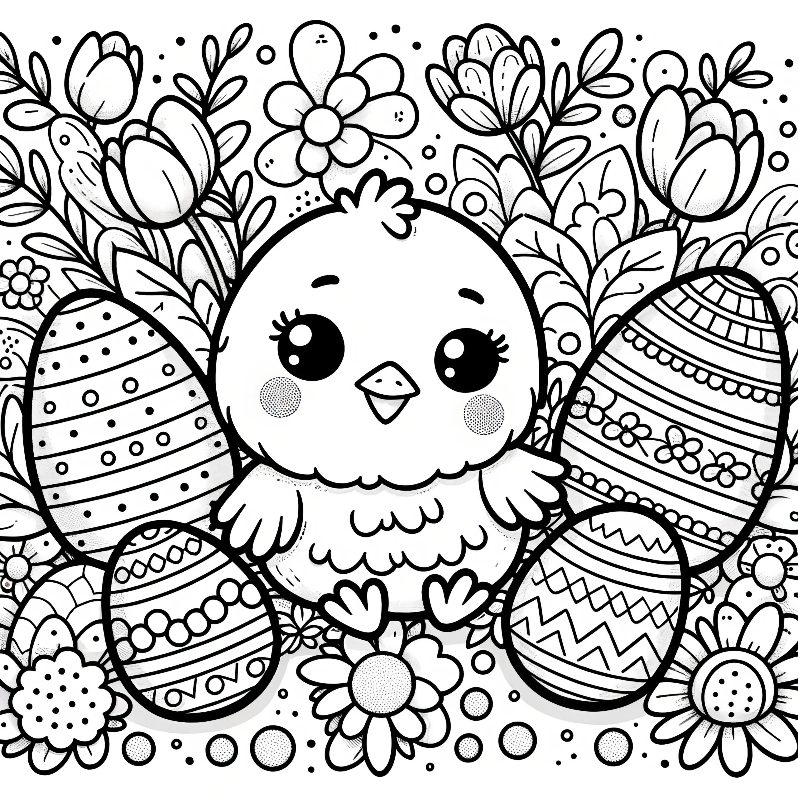 Osterküken zwischen Ostereiern und Blumen: Malvorlage zum Download (Ausmalbild)