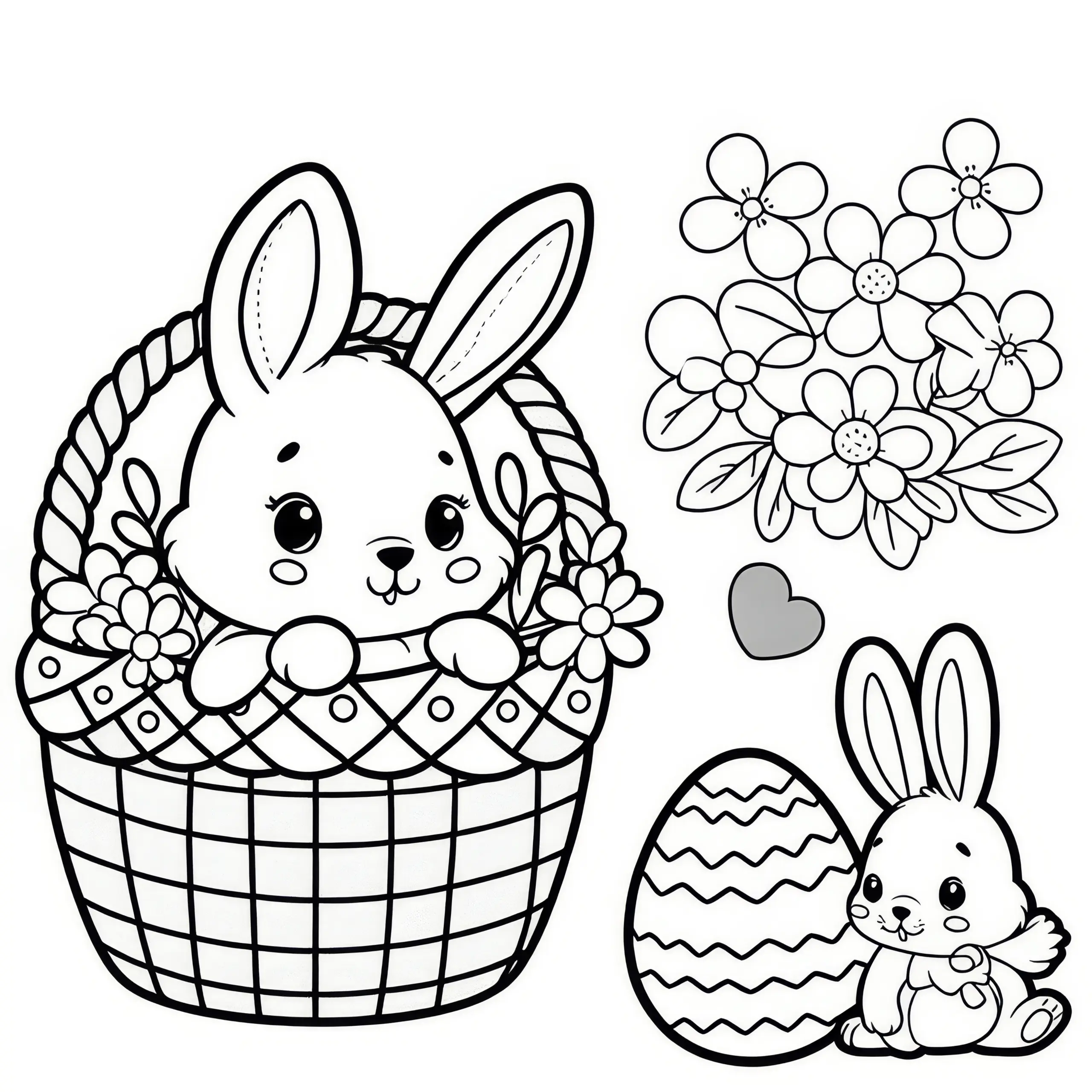 Osternest mit süßen Osterhasen: Malvorlage gratis zum Download (Ausmalbild)