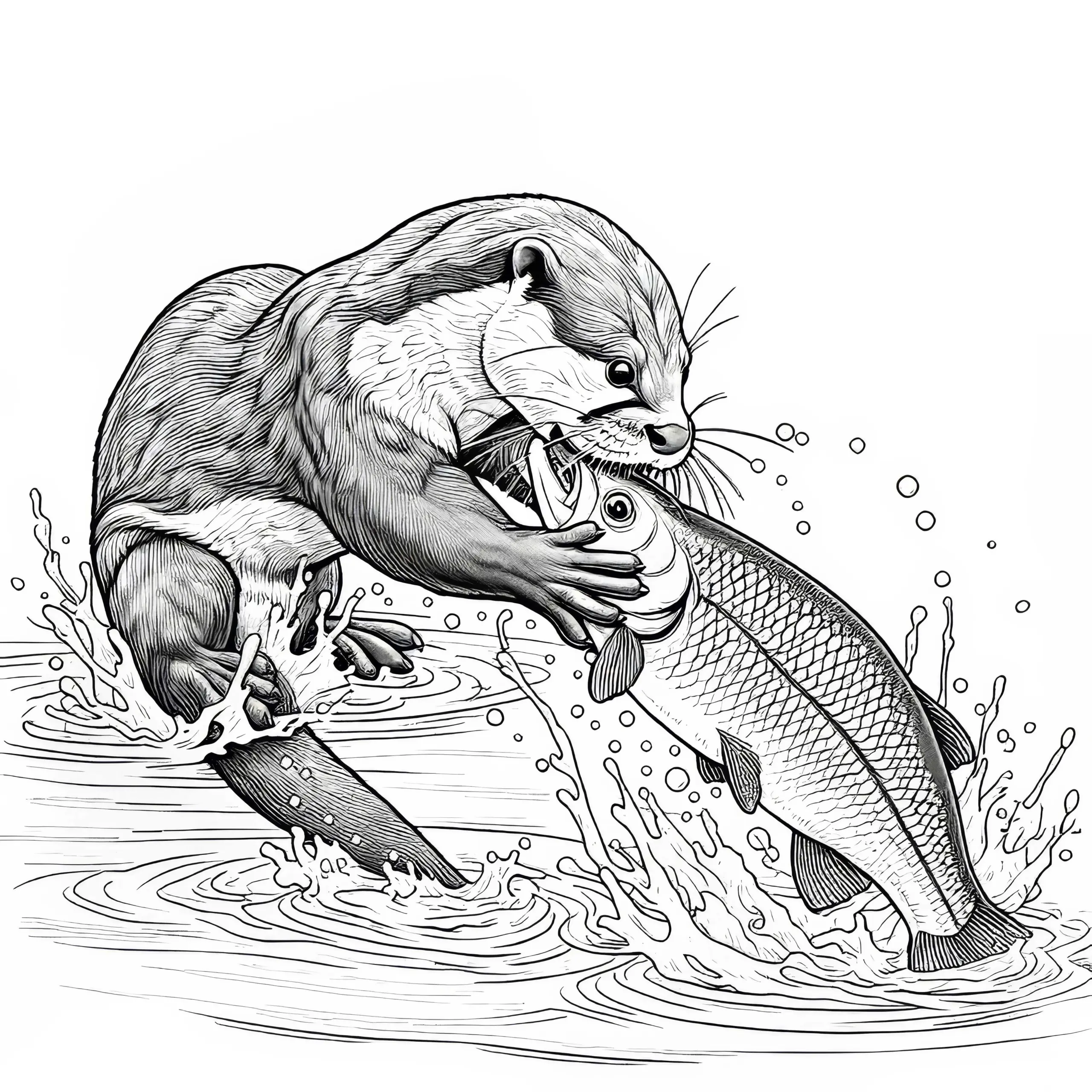 Otter fängt einen Fisch: Ausmalbild in hoher Qualität (Kostenlos)
