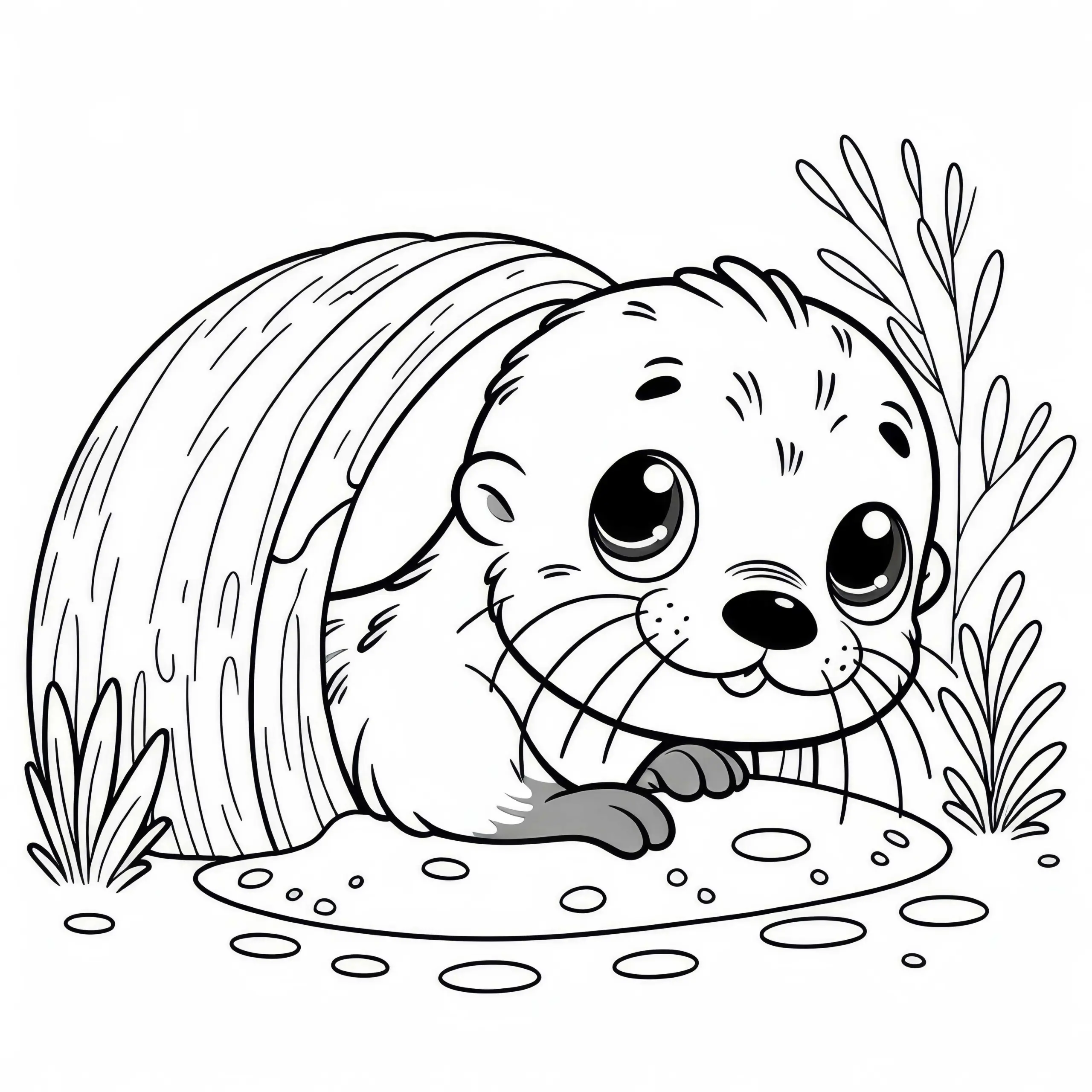 Otter mit großen Augen schaut aus seinem Bau: Einfaches Ausmalbild (Kostenlos)