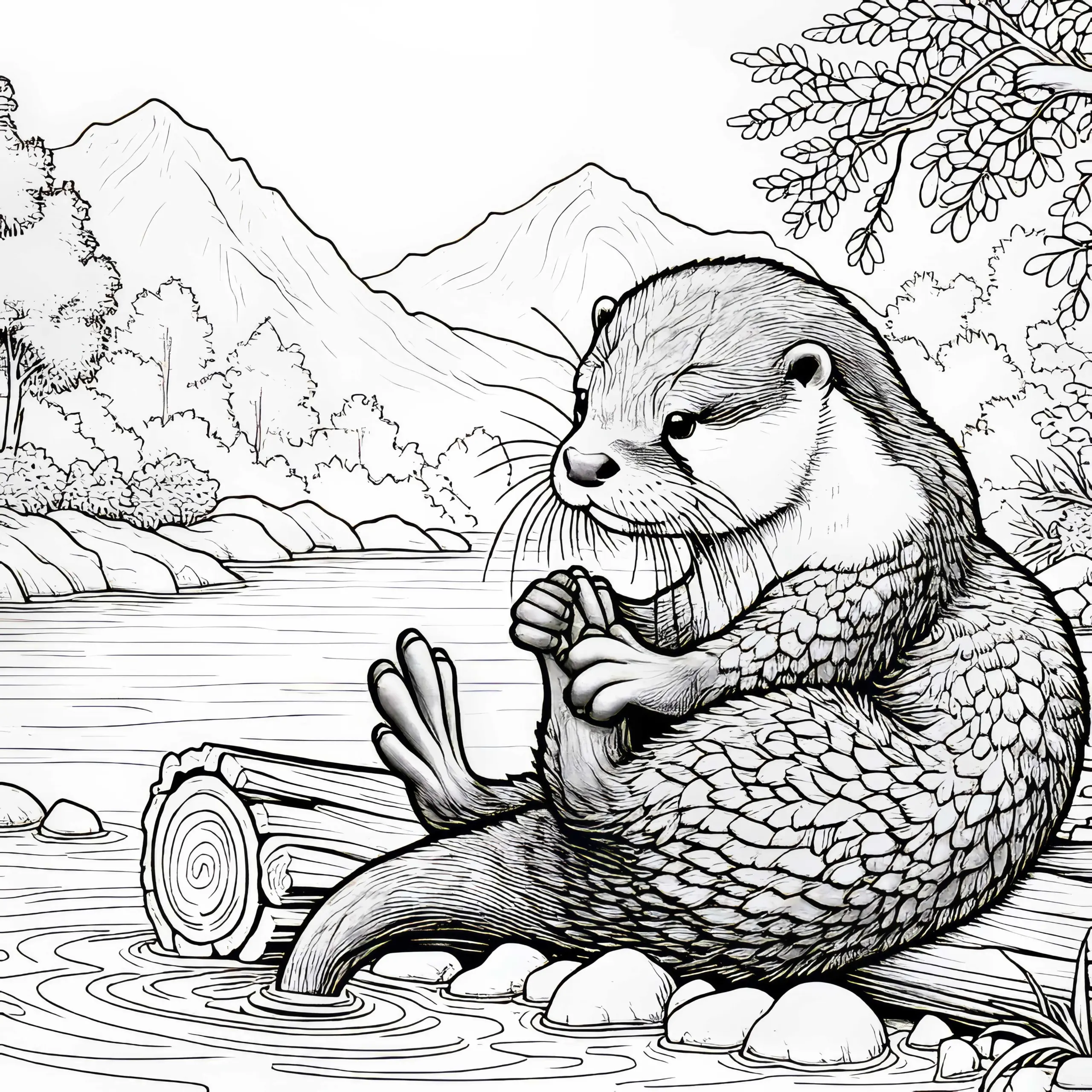 Otter putzt Sein Fell auf Baumstamm als Ausmalbild (Gratis)