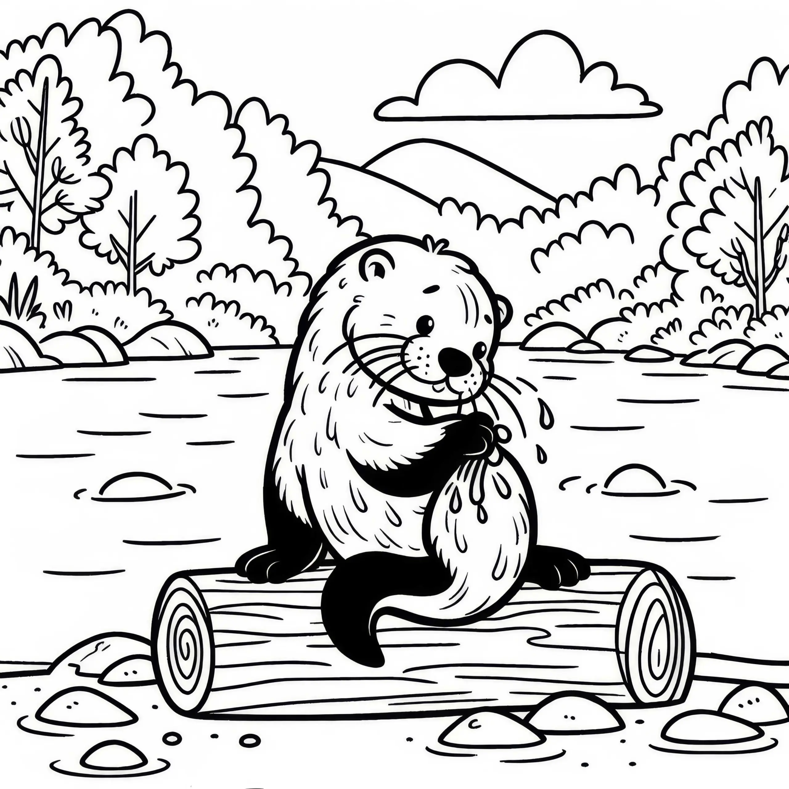 Otter putzt sein Fell auf Baumstamm: Einfaches Ausmalbild (Kostenlos)
