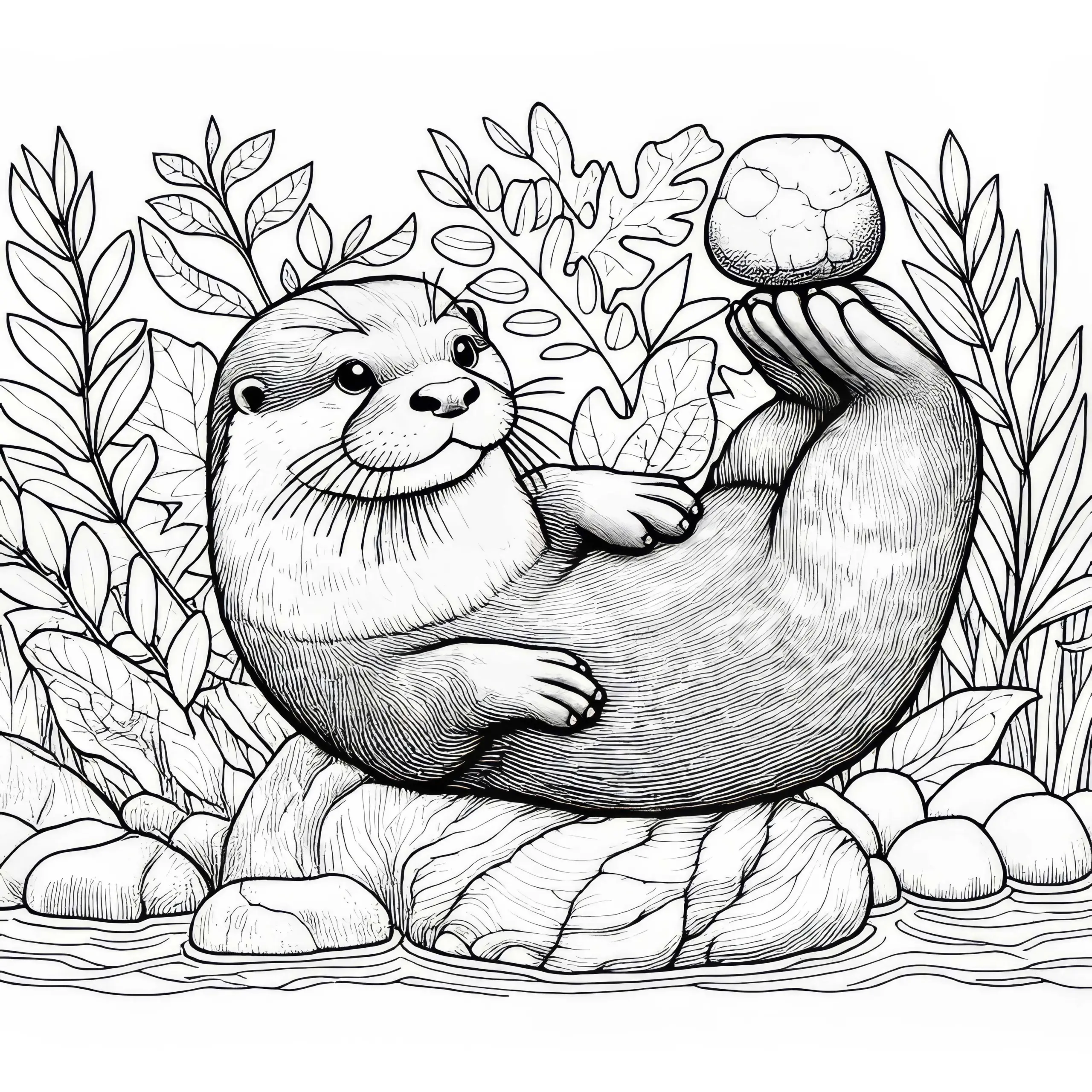 Otter spielt mit einem Stein: Kostenlose Malvorlage (Ausmalbild)