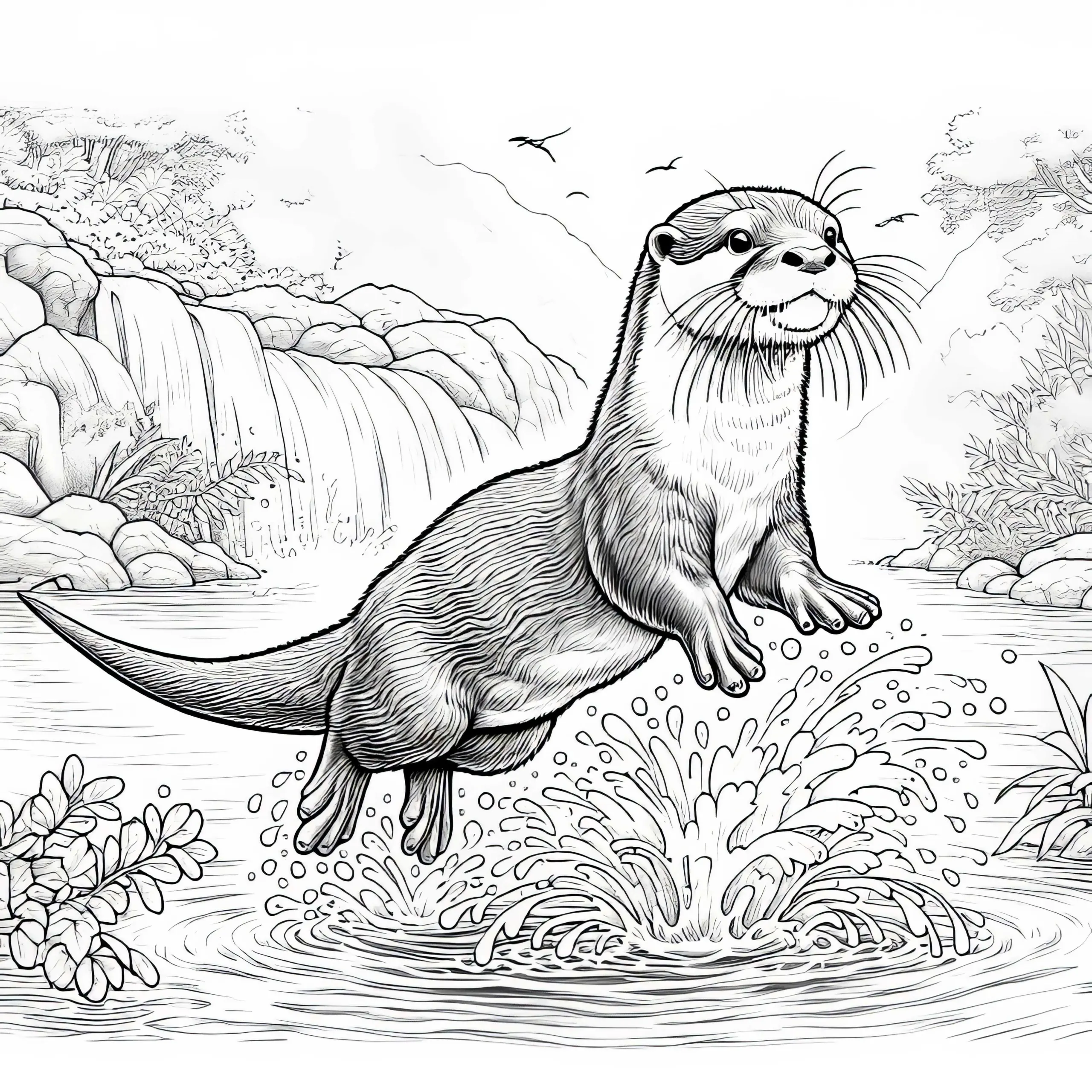 Otter springt ins Wasser: Detailreich Ausmalbild (Gratis)