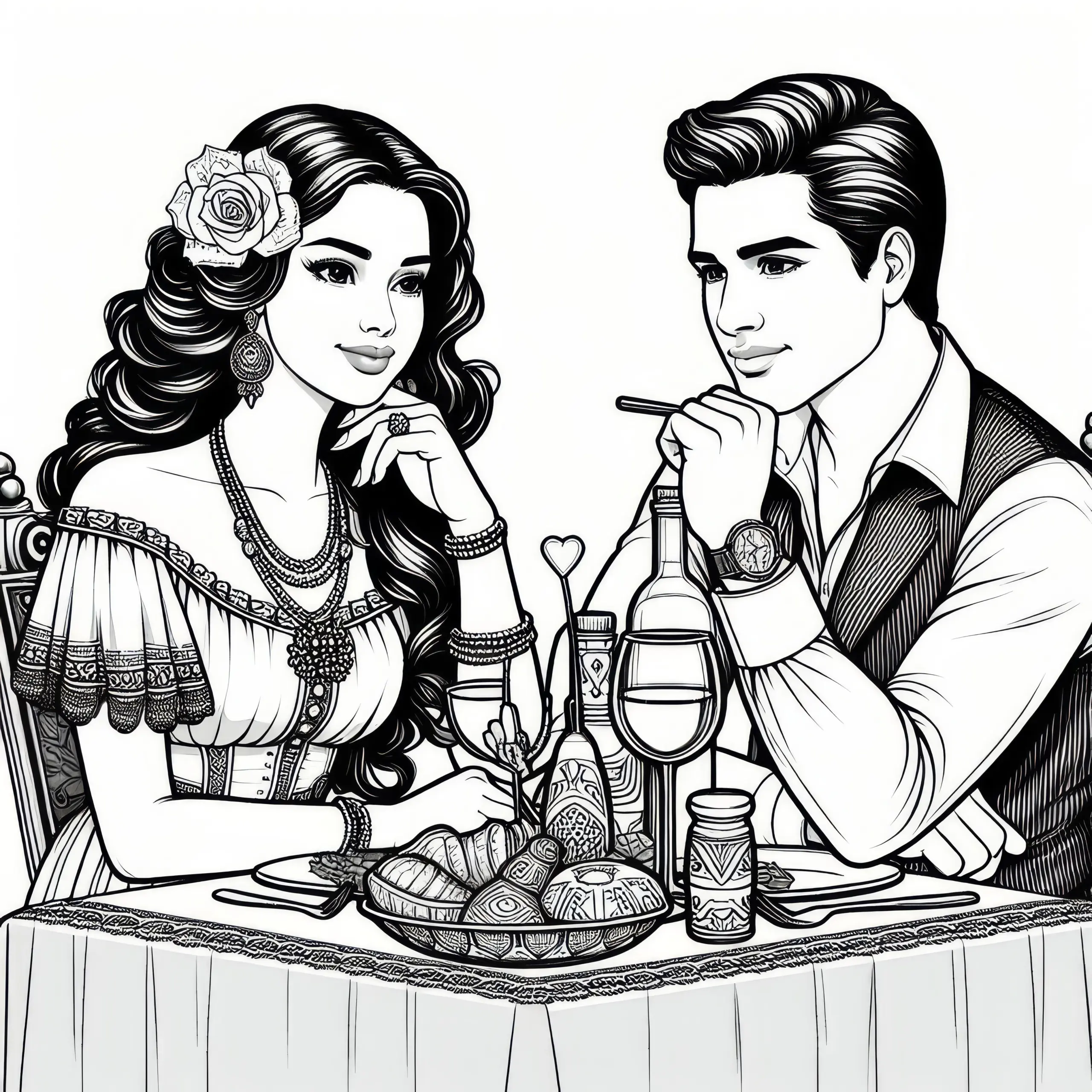 Paar am Tisch im Restaurant zum Valentinstag: Ausmalbild zum Download (Gratis)