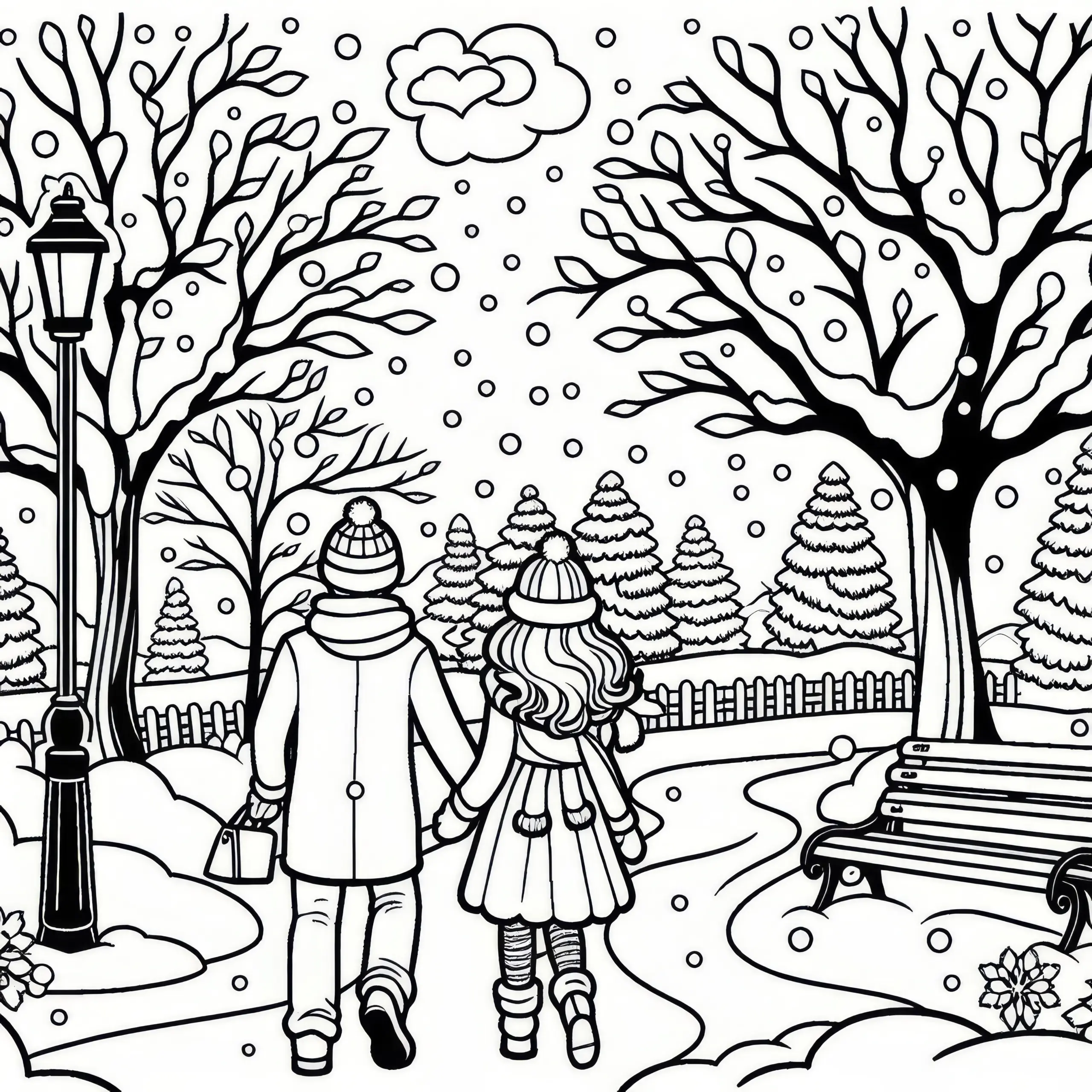 Paar beim romantischen Spaziergang durch verschneiten Park im Februar (Kostenlos) (Ausmalbild)