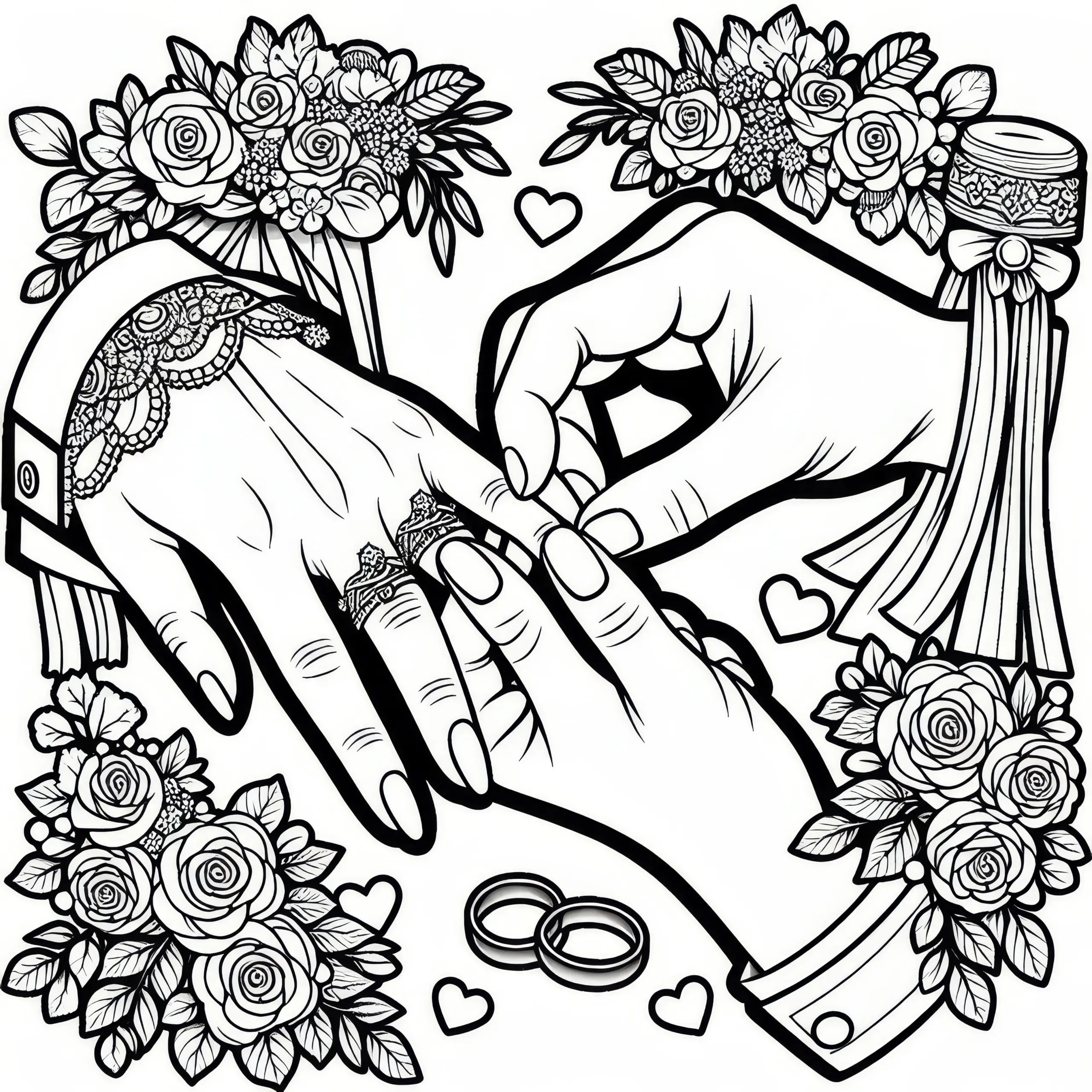 Paar steckt sich Eheringe an Finger: Ausmalbild zur Hochzeit