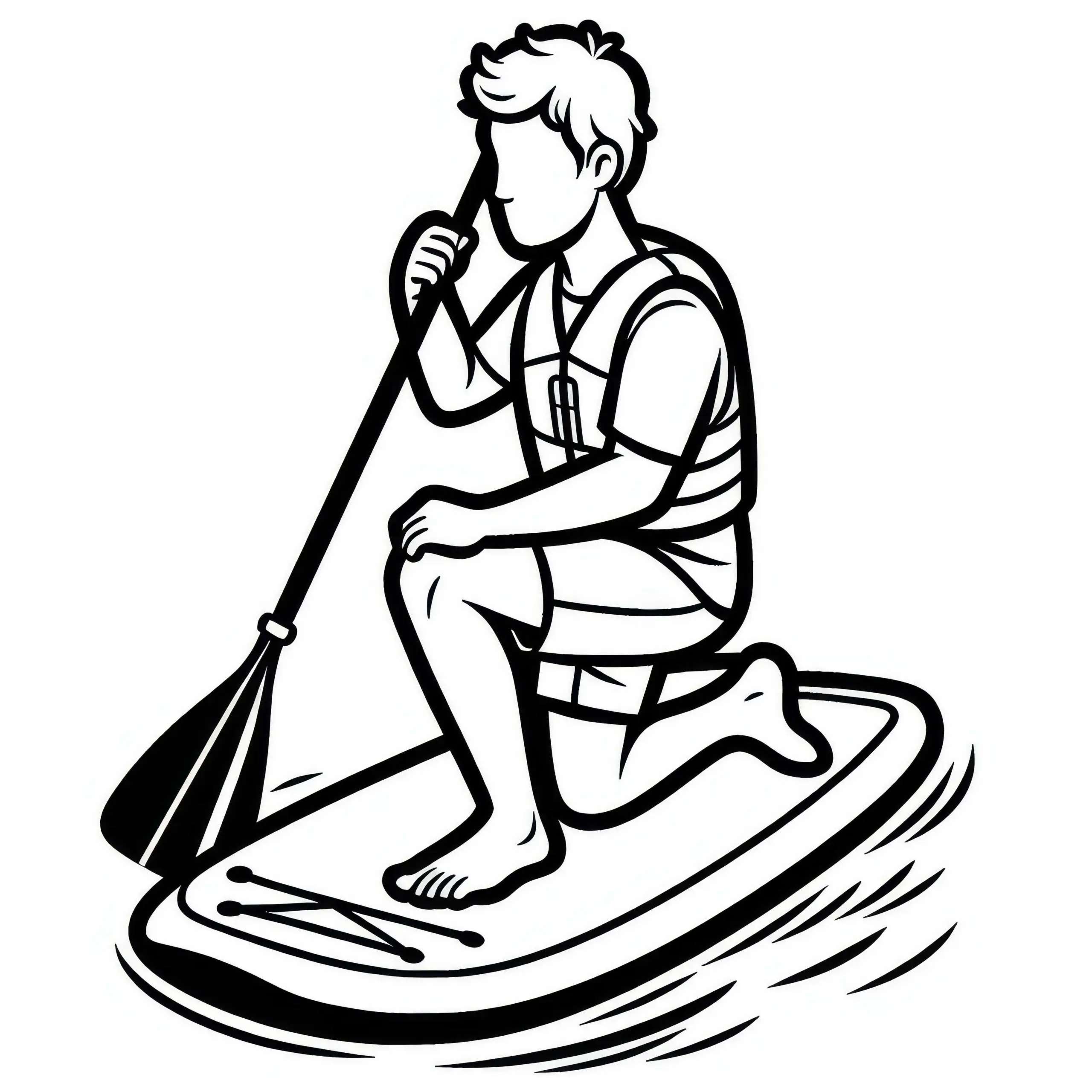 Paddleboarder kniet auf Brett, um sich auszuruhen – Malvorlage gratis (Ausmalbild)