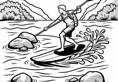 Paddleboarder navigiert zwischen Felsen in einem Fluss – Malvorlage gratis
