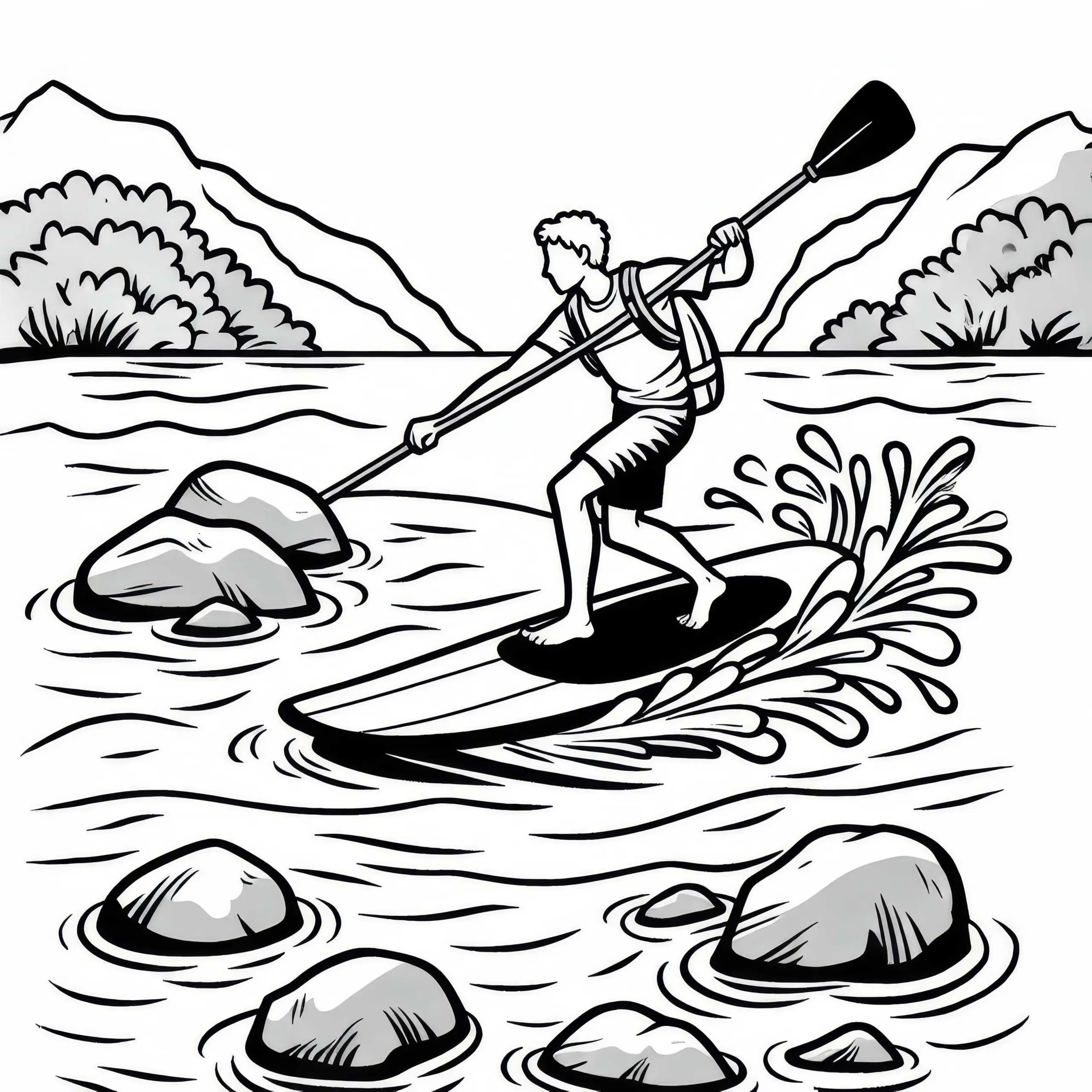 Paddleboarder navigiert zwischen Felsen in einem Fluss – Malvorlage gratis (Ausmalbild)