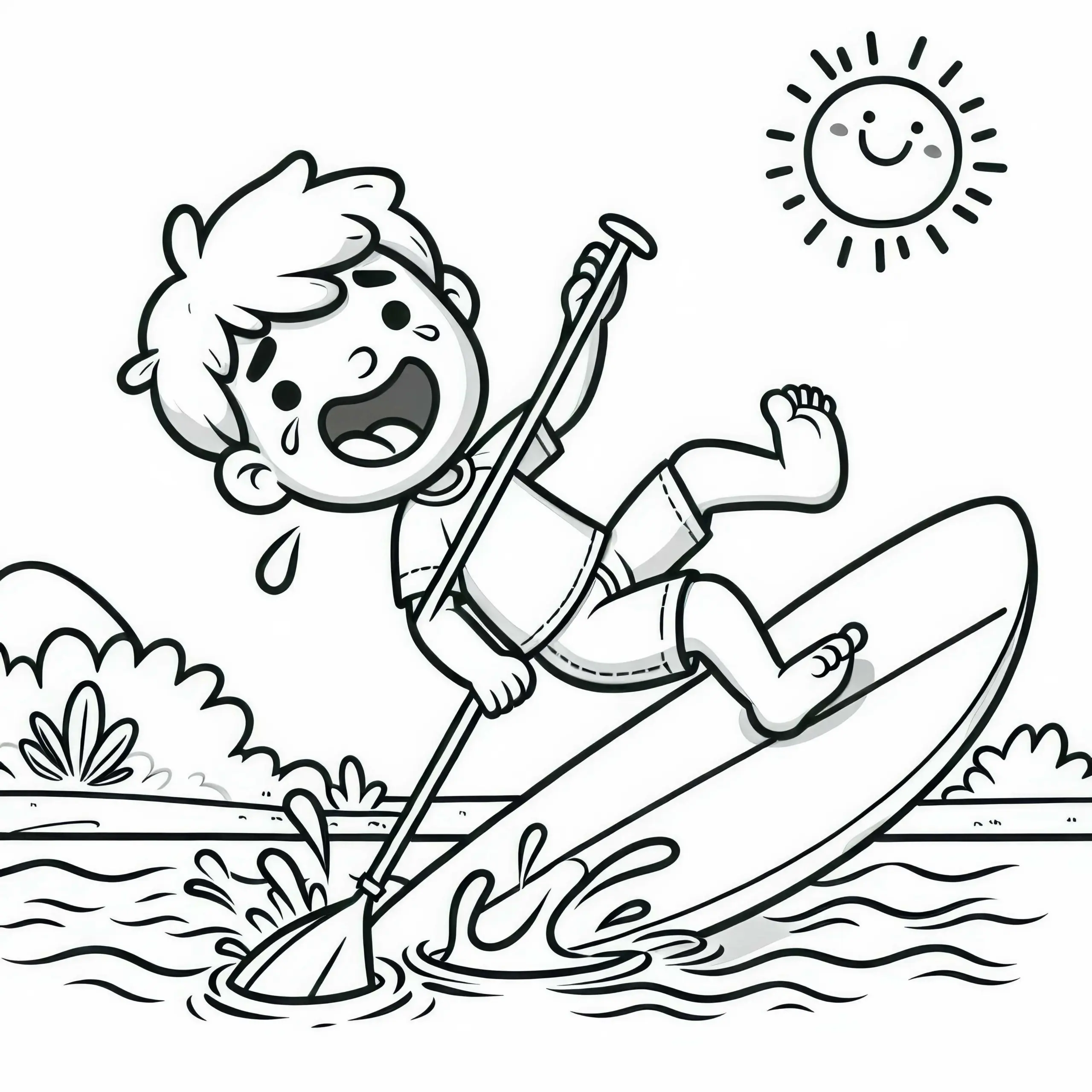 Paddleboarder verliert Gleichgewicht und fällt ins Wasser – Ausmalbild kostenlos