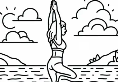Paddleboarderin macht Yoga-Pose mitten auf dem Wasser – Malvorlage gratis
