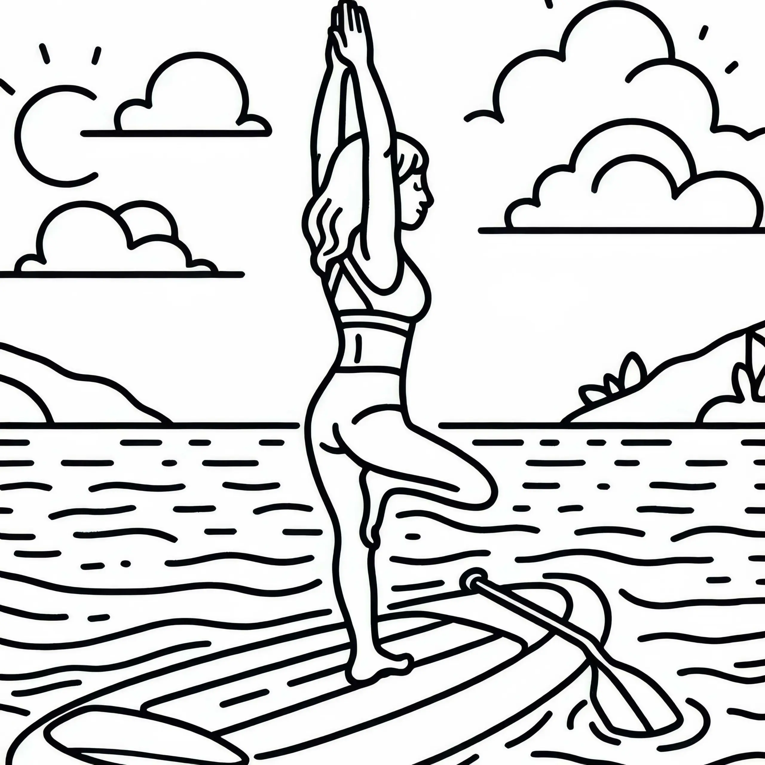 Paddleboarderin macht Yoga-Pose mitten auf dem Wasser – Malvorlage gratis (Ausmalbild)