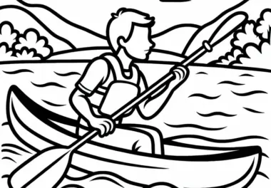 Paddler gleitet mit Kanu über ruhigen Fluss – Ausmalbild gratis