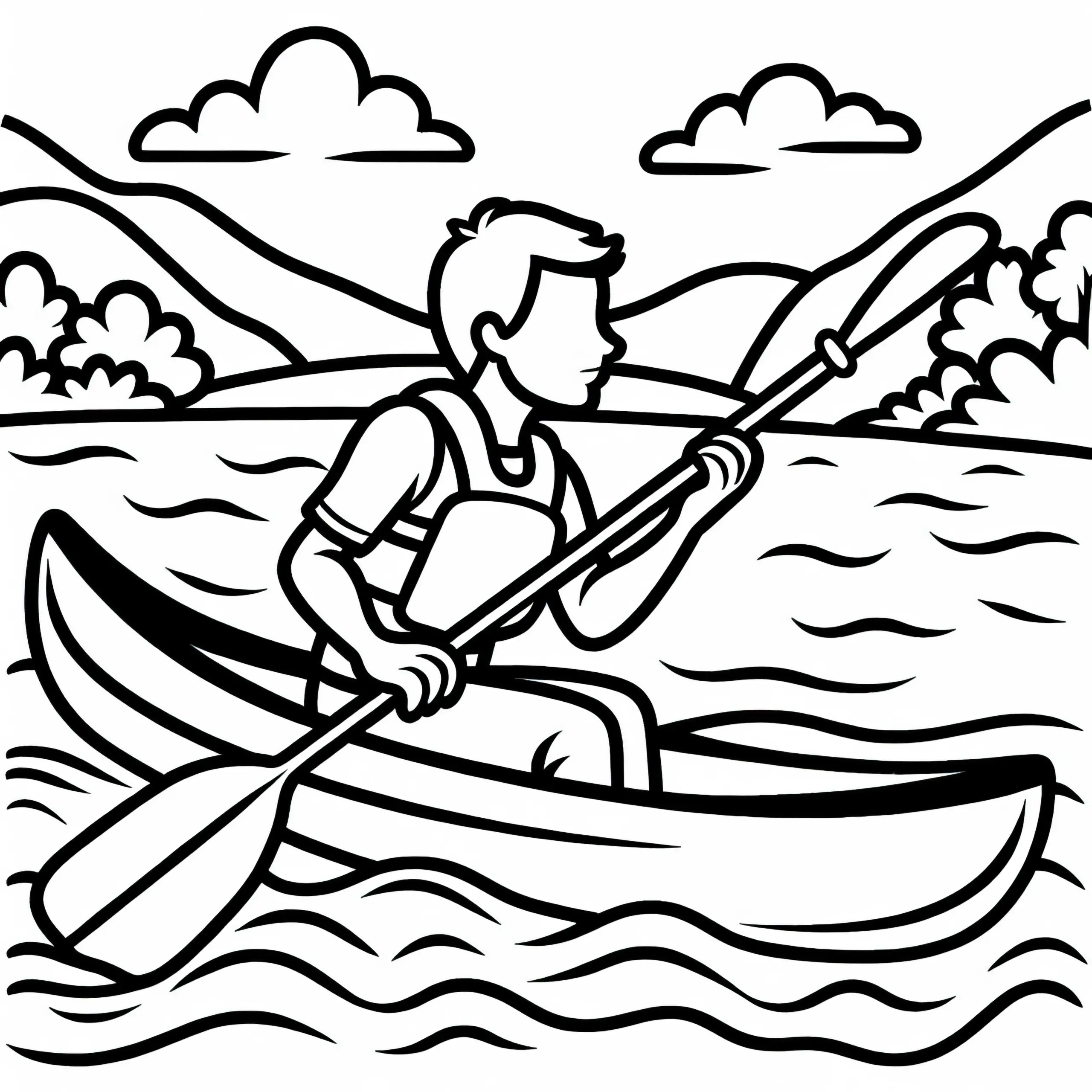 Paddler gleitet mit Kanu über ruhigen Fluss – Ausmalbild gratis