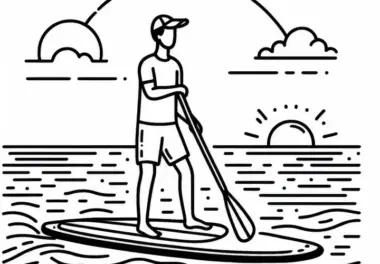 Paddler steht beim Stand-up-Paddling ruhig auf dem Brett – Ausmalbild kostenlos