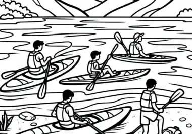 Paddlergruppe macht Pause am Ufer – Malvorlage kostenlos