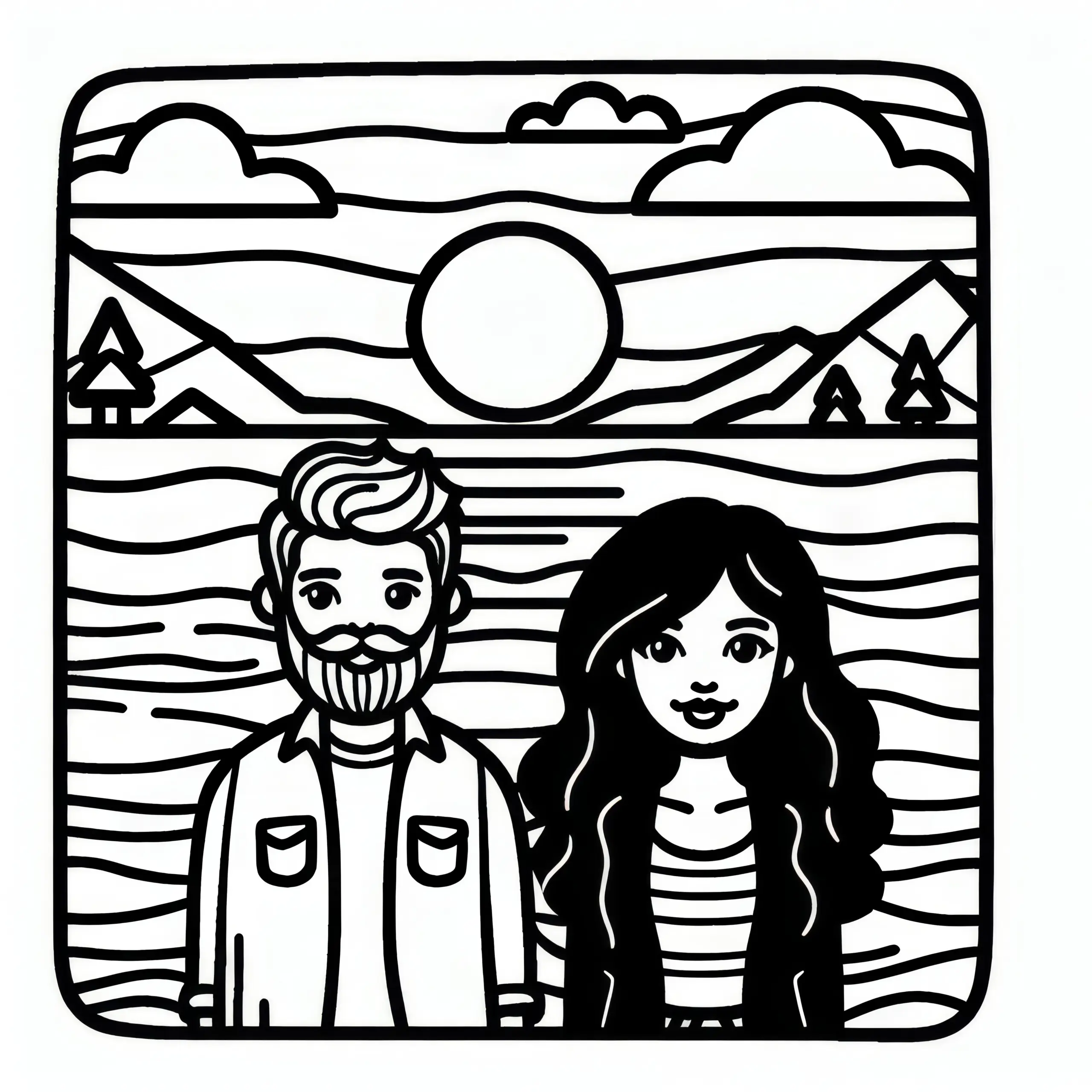 Pärchen bei Sonnenuntergang am See: Ausmalbild zum Valentinstag (Kostenlos)