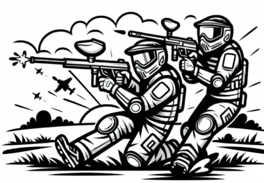 Paintball Spieler liefern sich ein Duell auf offenem Feld – Ausmalbild kostenlos