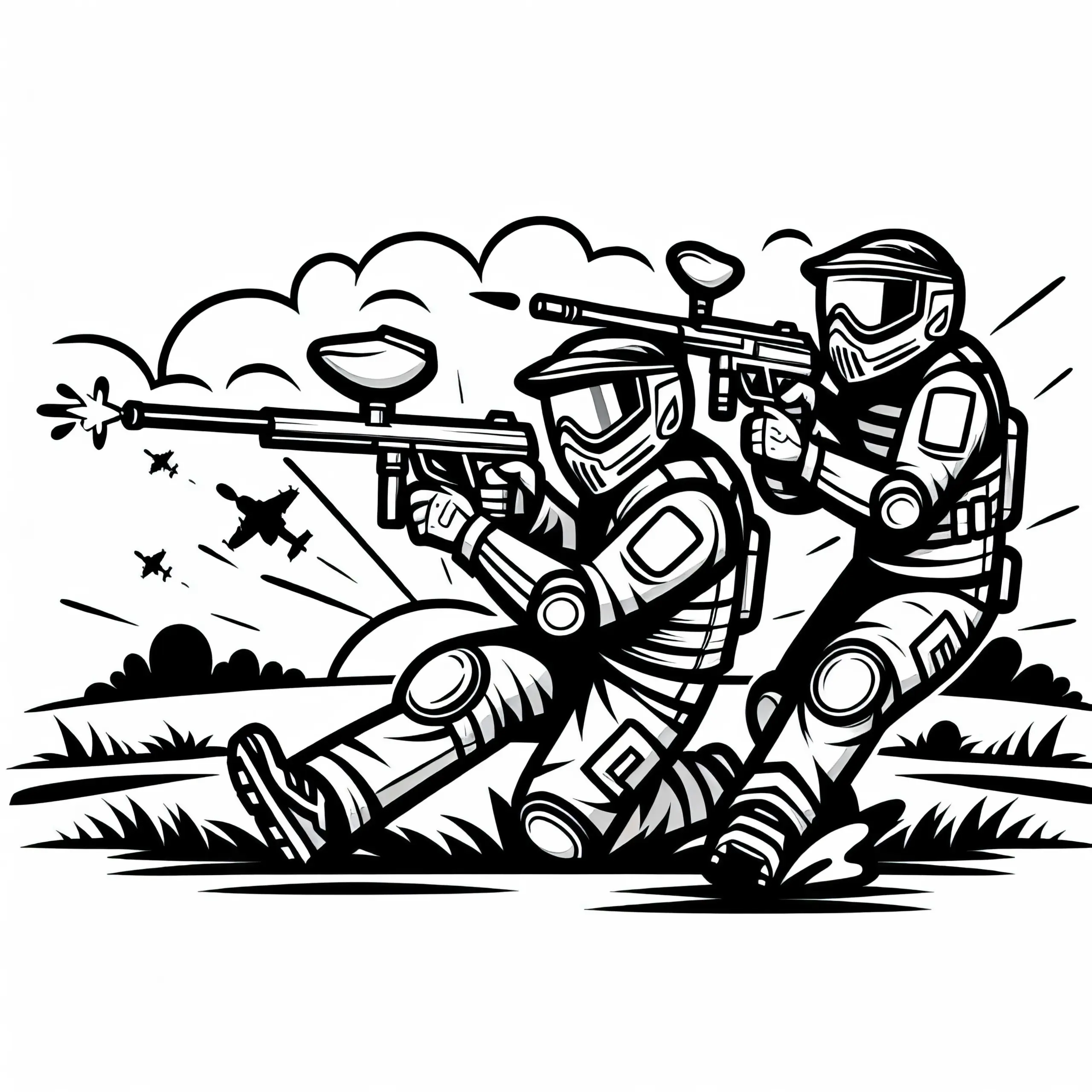 Paintball Spieler liefern sich ein Duell auf offenem Feld – Ausmalbild kostenlos