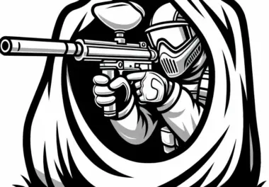 Paintball-Spieler versteckt sich und zielt mit Paintball-Waffe – Ausmalbild kostenlos