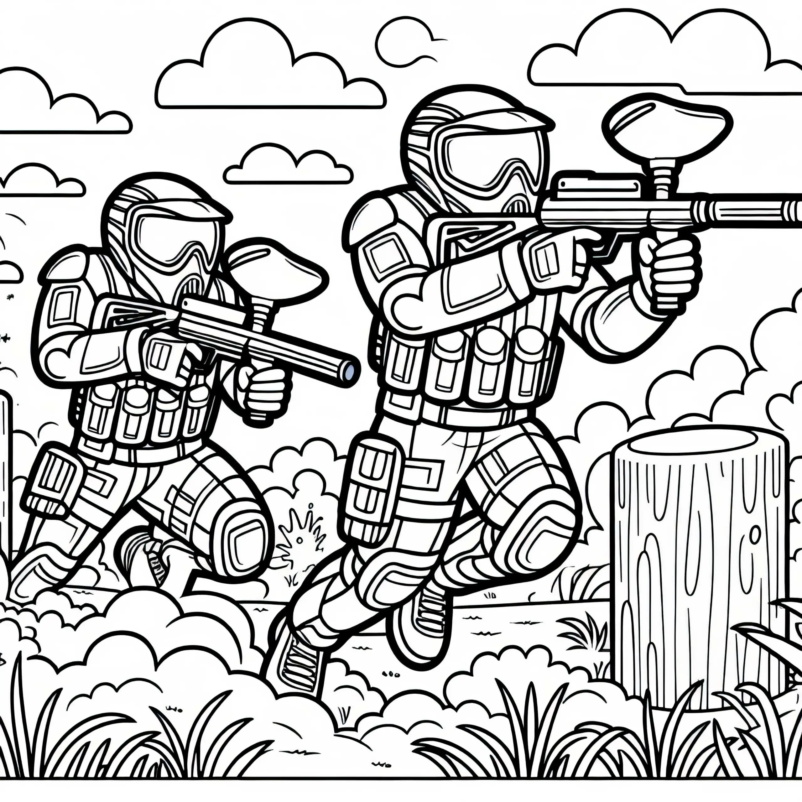 Paintball-Team stürmt Spielfeld – Ausmalbild gratis