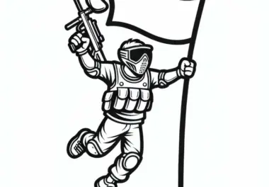 Paintballspieler hält Flagge und feiert Sieg – Malvorlage einfach gratis