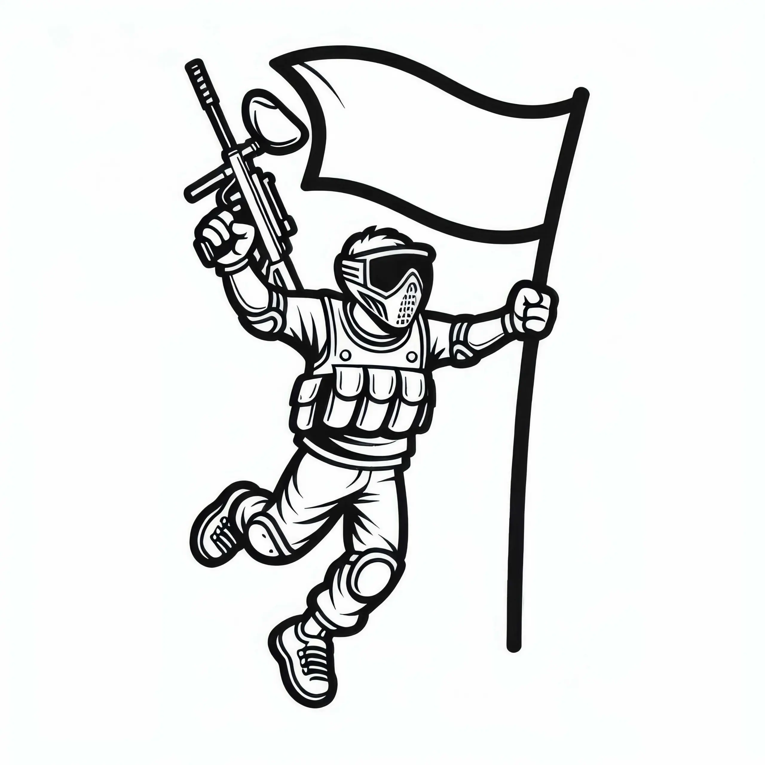 Paintballspieler hält Flagge und feiert Sieg – Malvorlage einfach gratis (Ausmalbild)