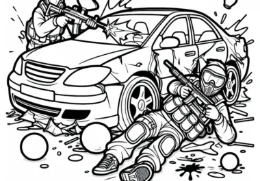 Paintballspieler versteckt sich hinter Autowrack – Ausmalbild gratis