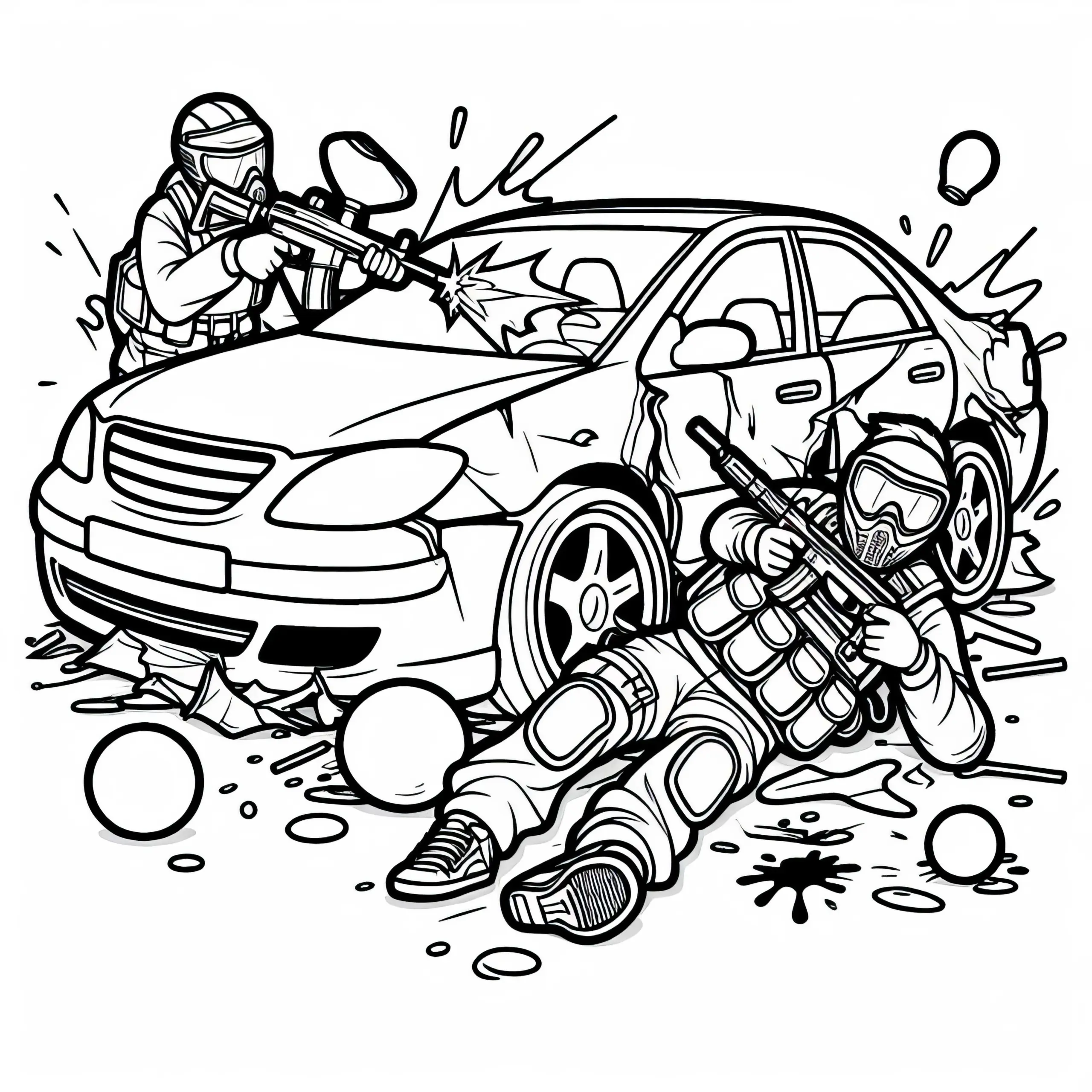 Paintballspieler versteckt sich hinter Autowrack – Ausmalbild gratis