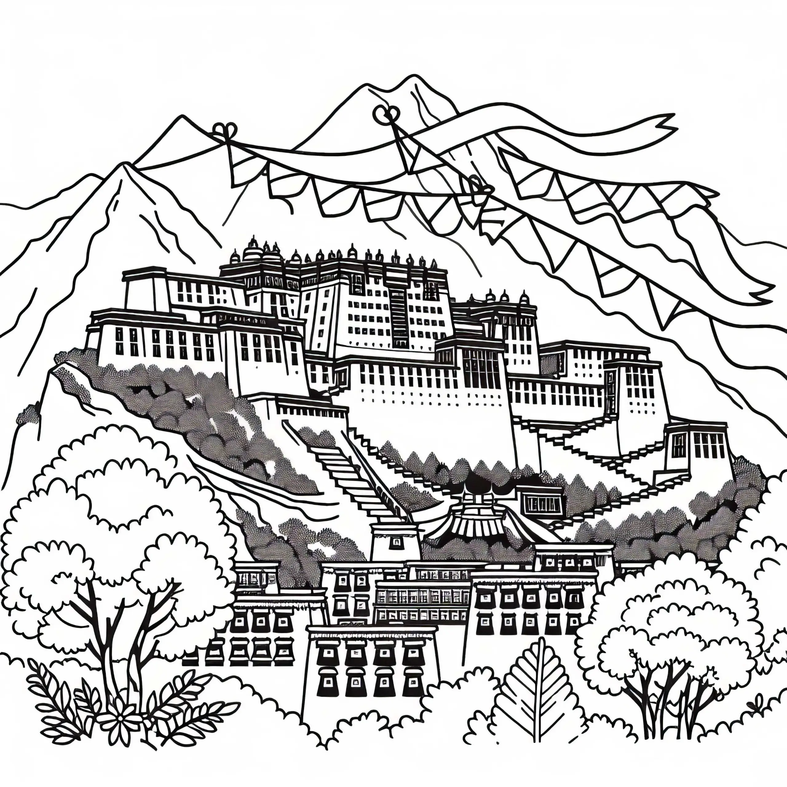 Palast Potala in Lhasa, Tibet: Malvorlage aus Asien kostenlos (Ausmalbild)