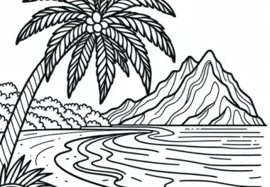 Palme neigt sich über Sandstrand einer Insel – Ausmalbild kostenlos