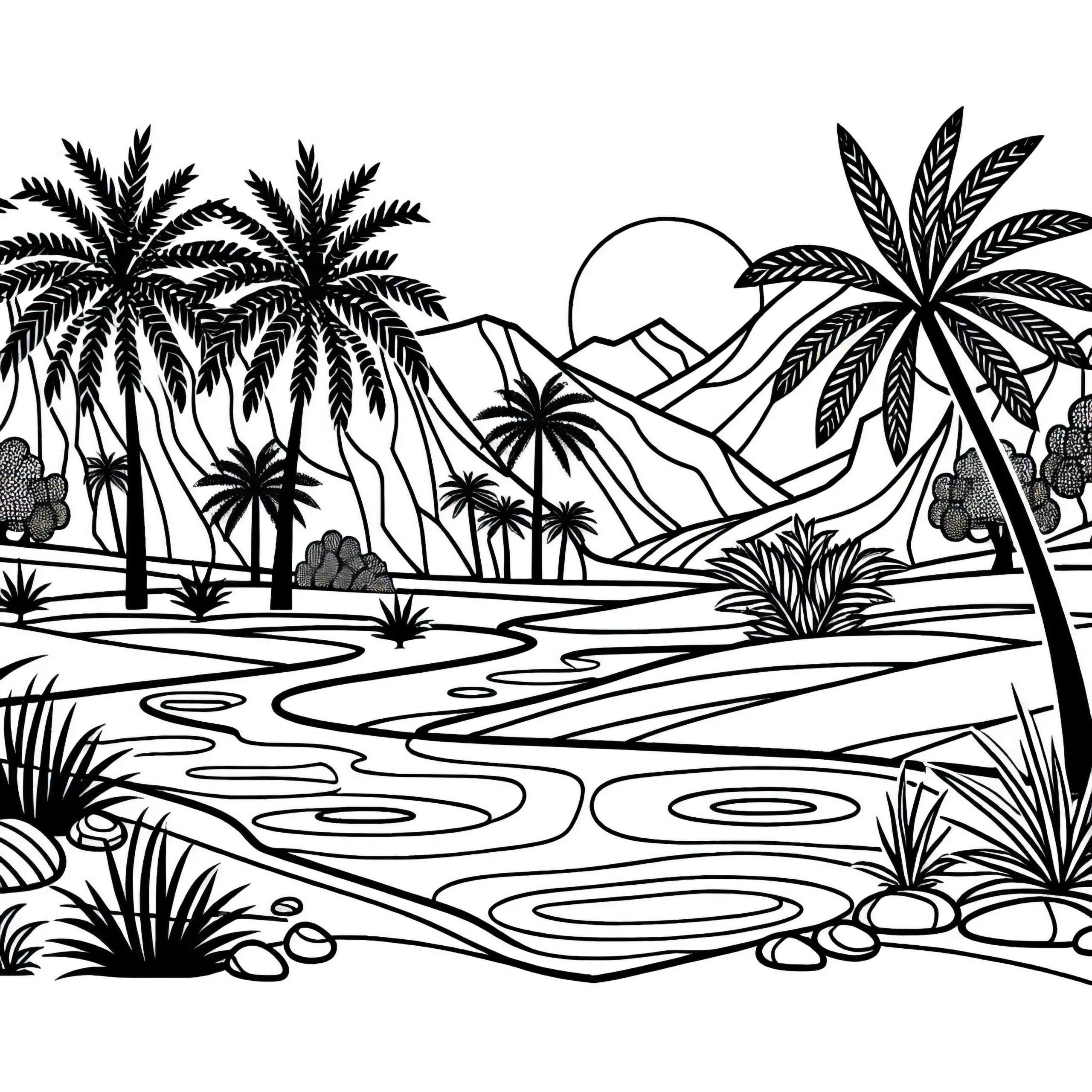 Palmen und kleine Wasserquelle in der Wüste – Ausmalbild Oase kostenlos