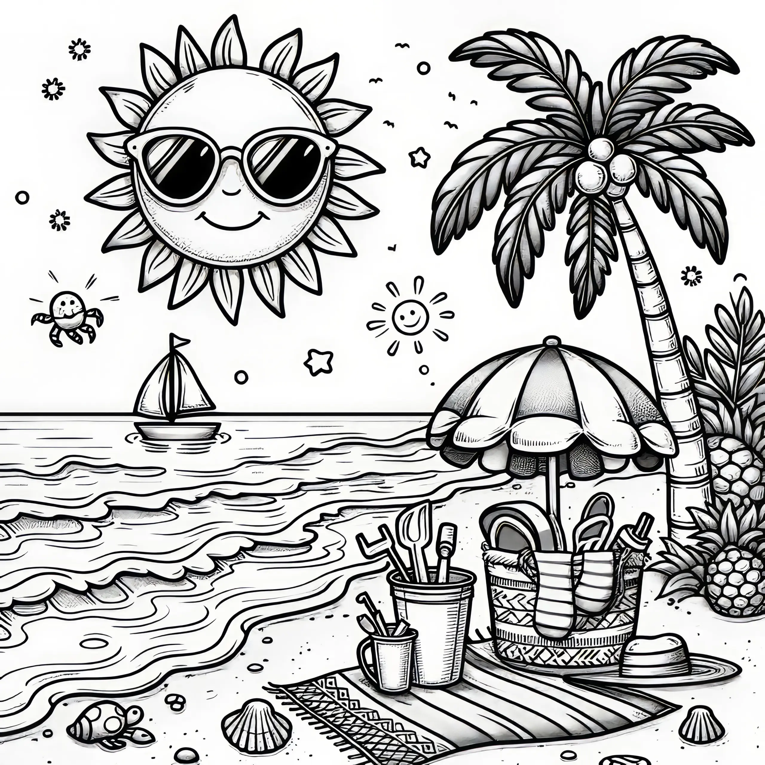 Palmenstrand mit cooler Sonne mit Sonnenbrille: Ausmalbild (Kostenlos)
