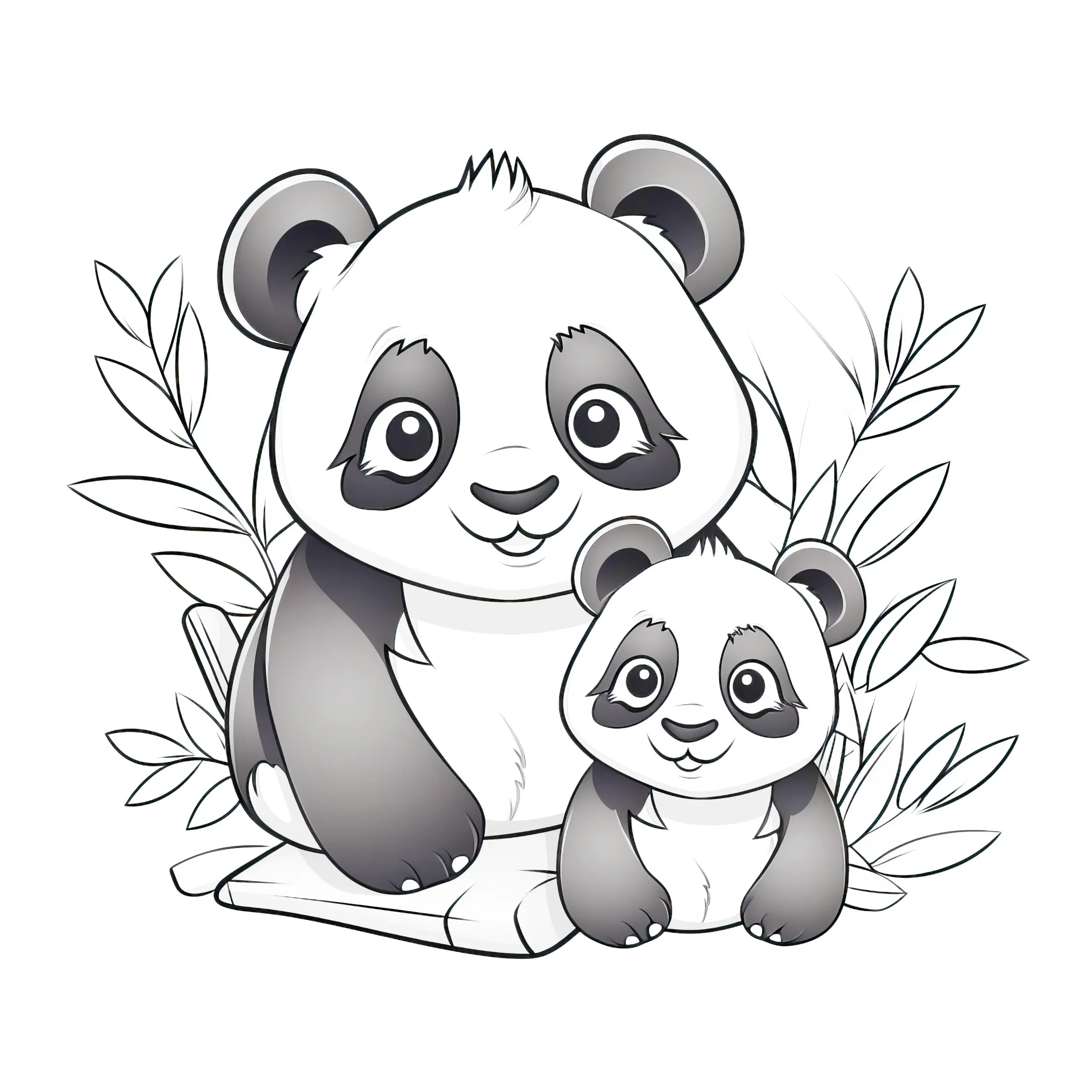 Panda-Mama und Kind mit Bambusblättern: Ausmalbild für Kinder (Kostenlos)