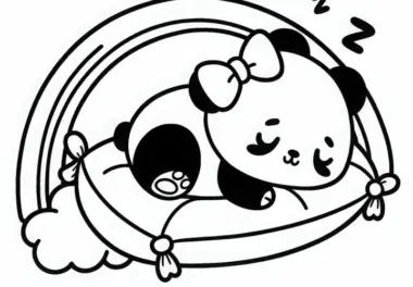 Panda mit Schleife schläft eingerollt auf Regenbogen-Kissen – kostenloses Ausmalbild