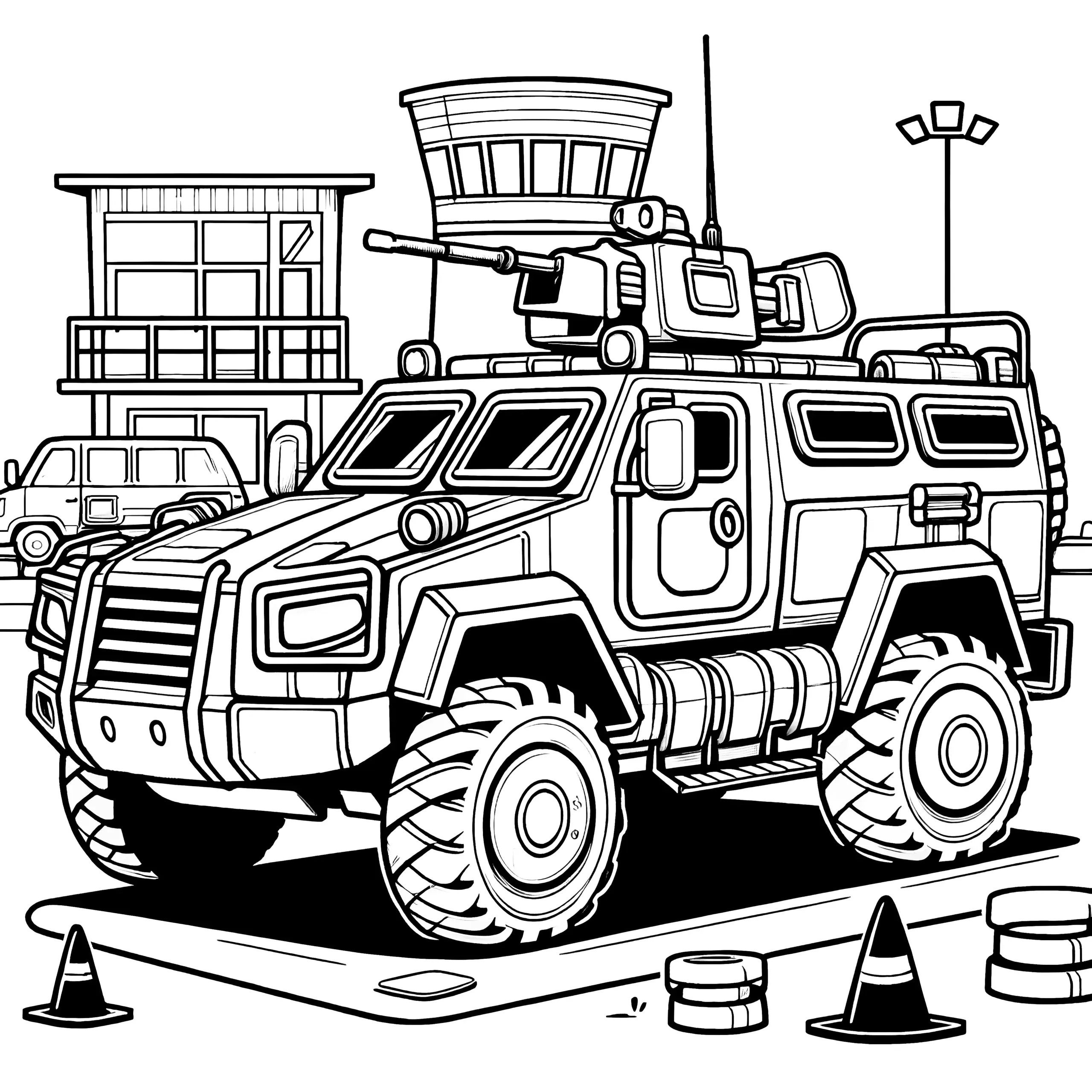 Panzerfahrzeug auf Militärbasis: Ausmalbild zum Herunterladen (Gratis)