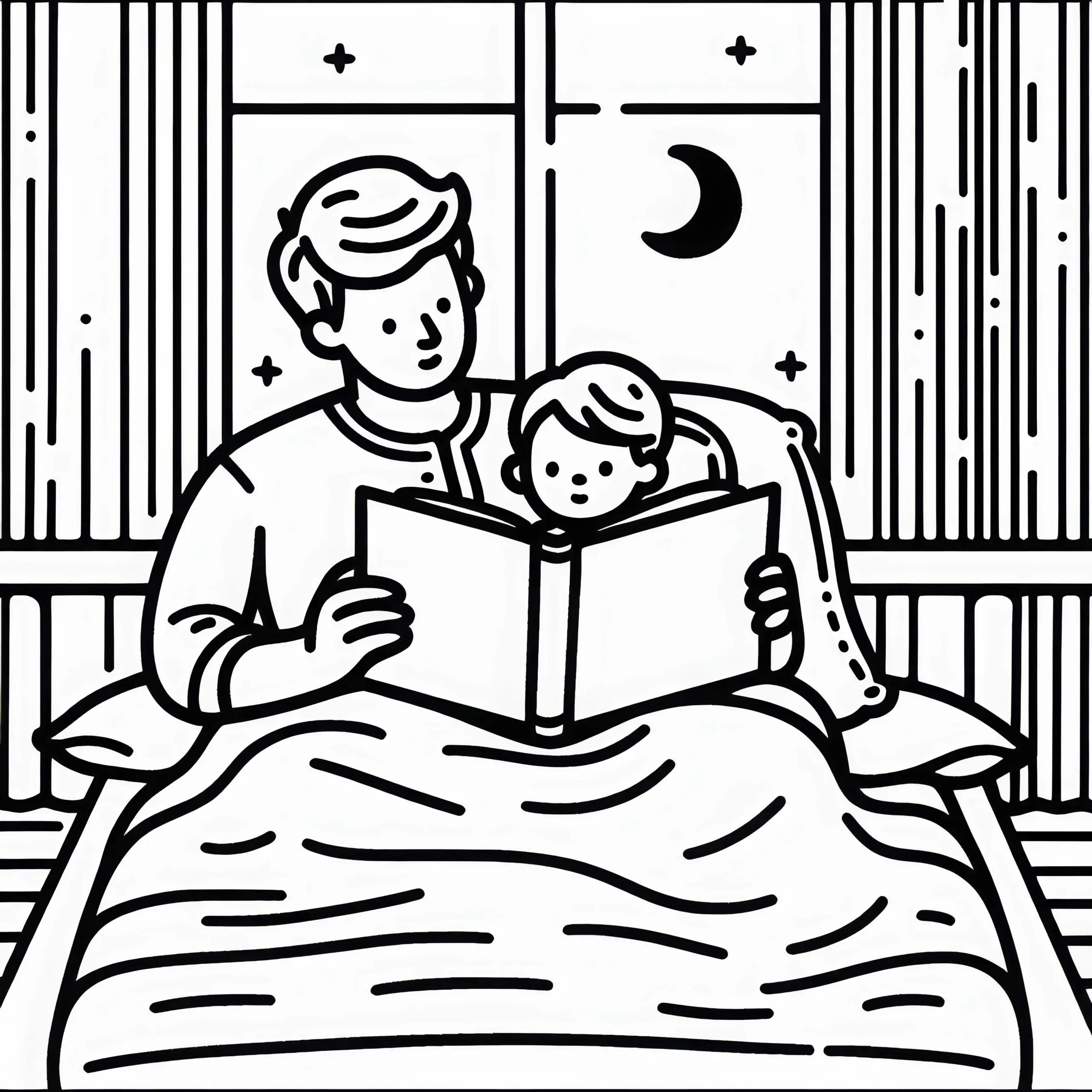 Papa liest Kind Gute Nacht-Geschichte vor – Ausmalbild Kostenlos