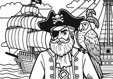 Papagei sitzt auf der Schulter eines Piratenkapitäns an Deck – Ausmalbild kostenlos