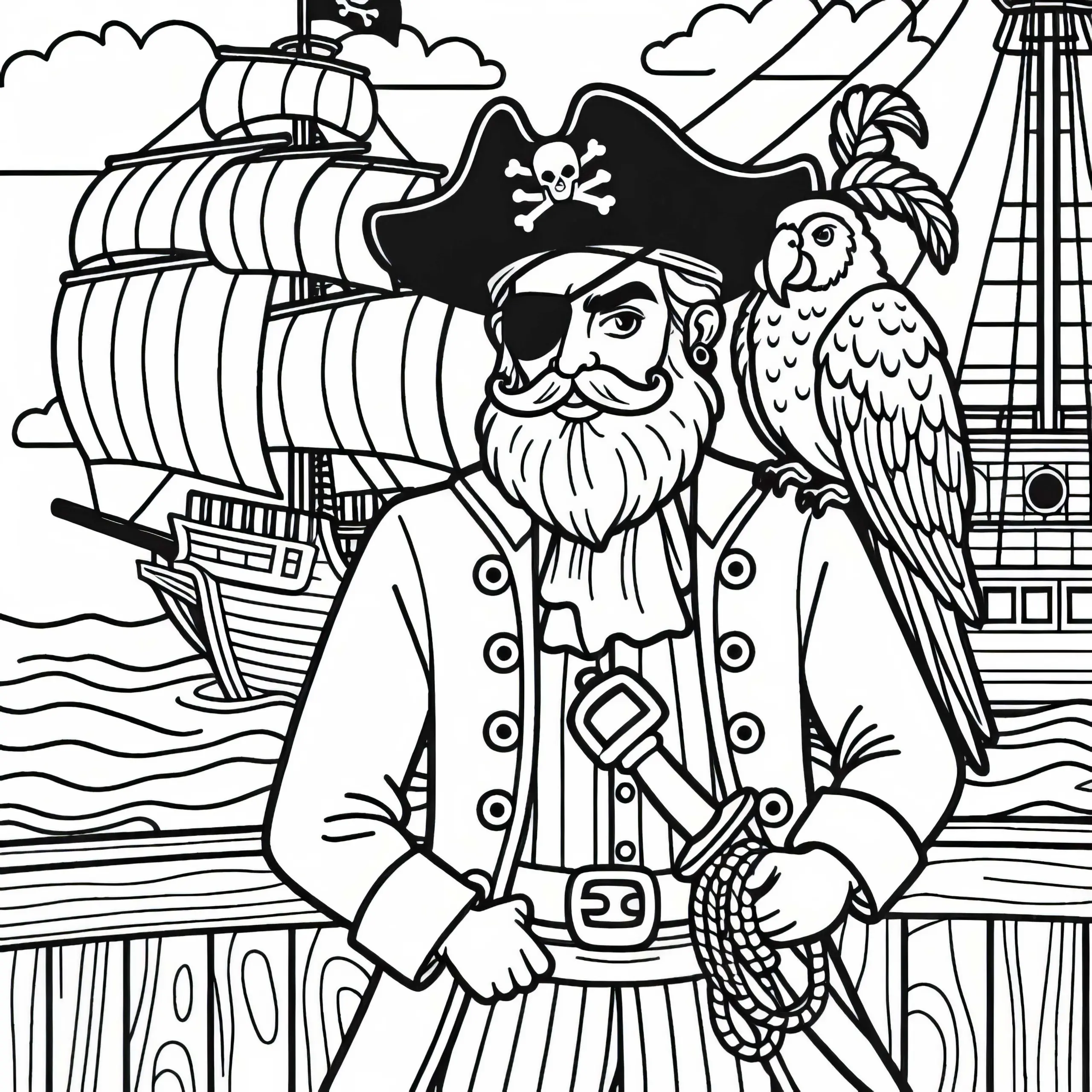 Papagei sitzt auf der Schulter eines Piratenkapitäns an Deck – Ausmalbild kostenlos