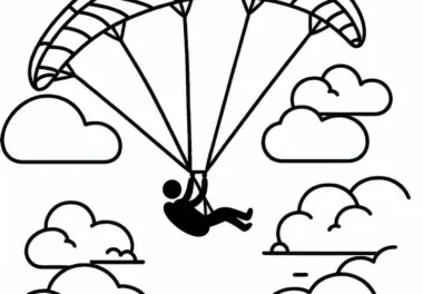 Paraglider durchfliegt Wolkenformation – Malvorlage einfach gratis