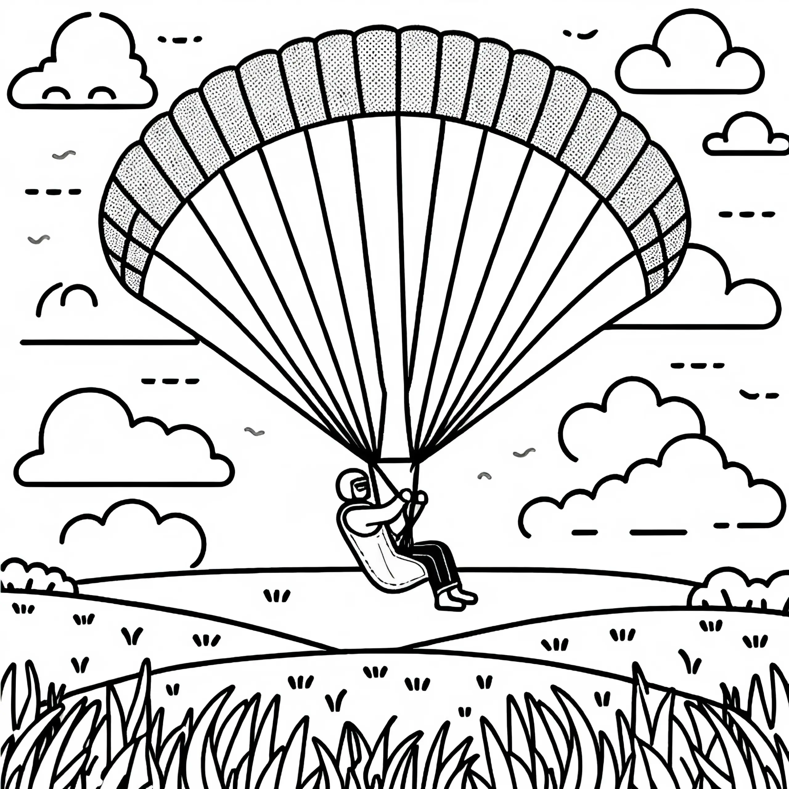 Paraglider landet sanft auf Wiese – Malvorlage kostenlos (Ausmalbild)