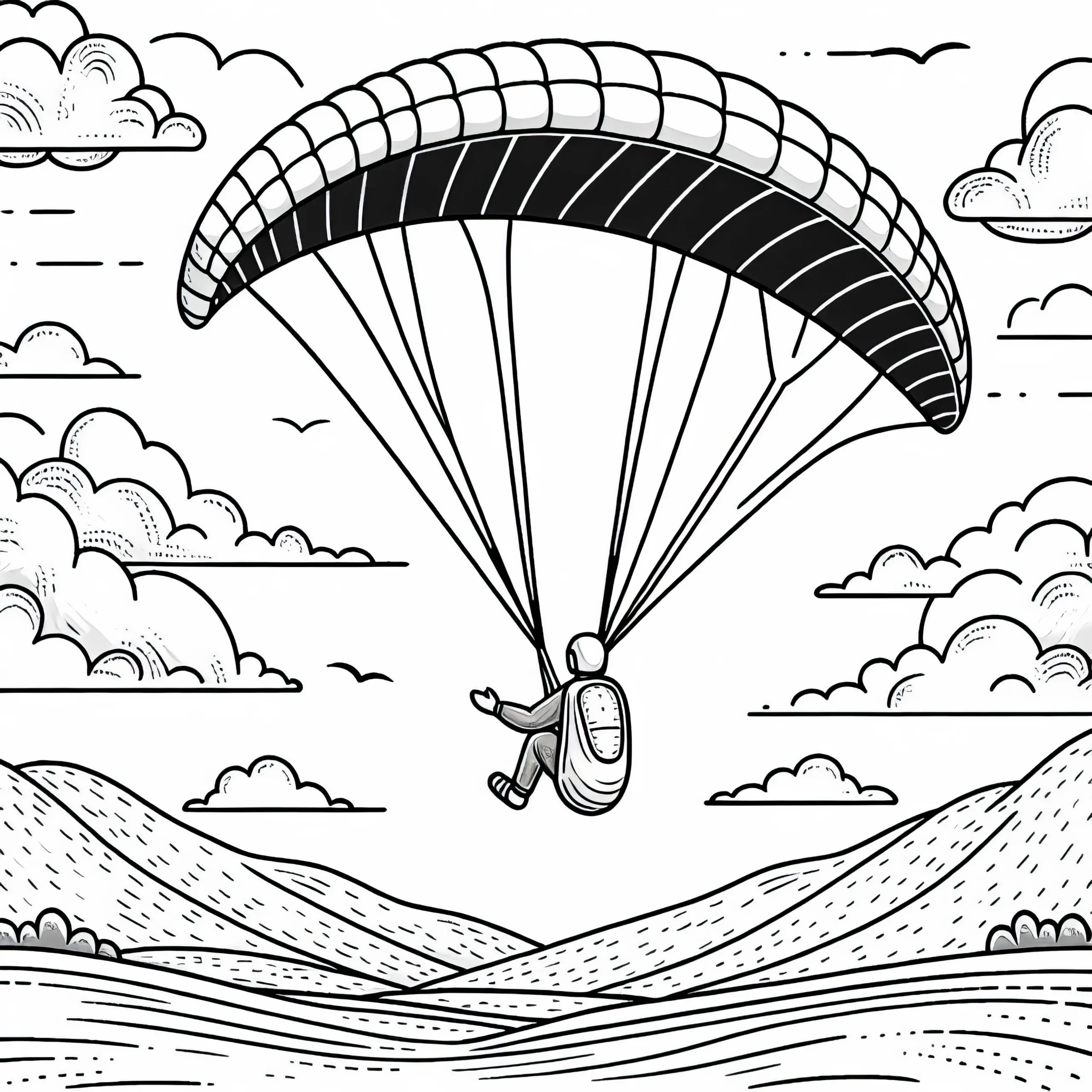 Paraglider steigt mit Thermik in die Höhe – Malvorlage gratis (Ausmalbild)