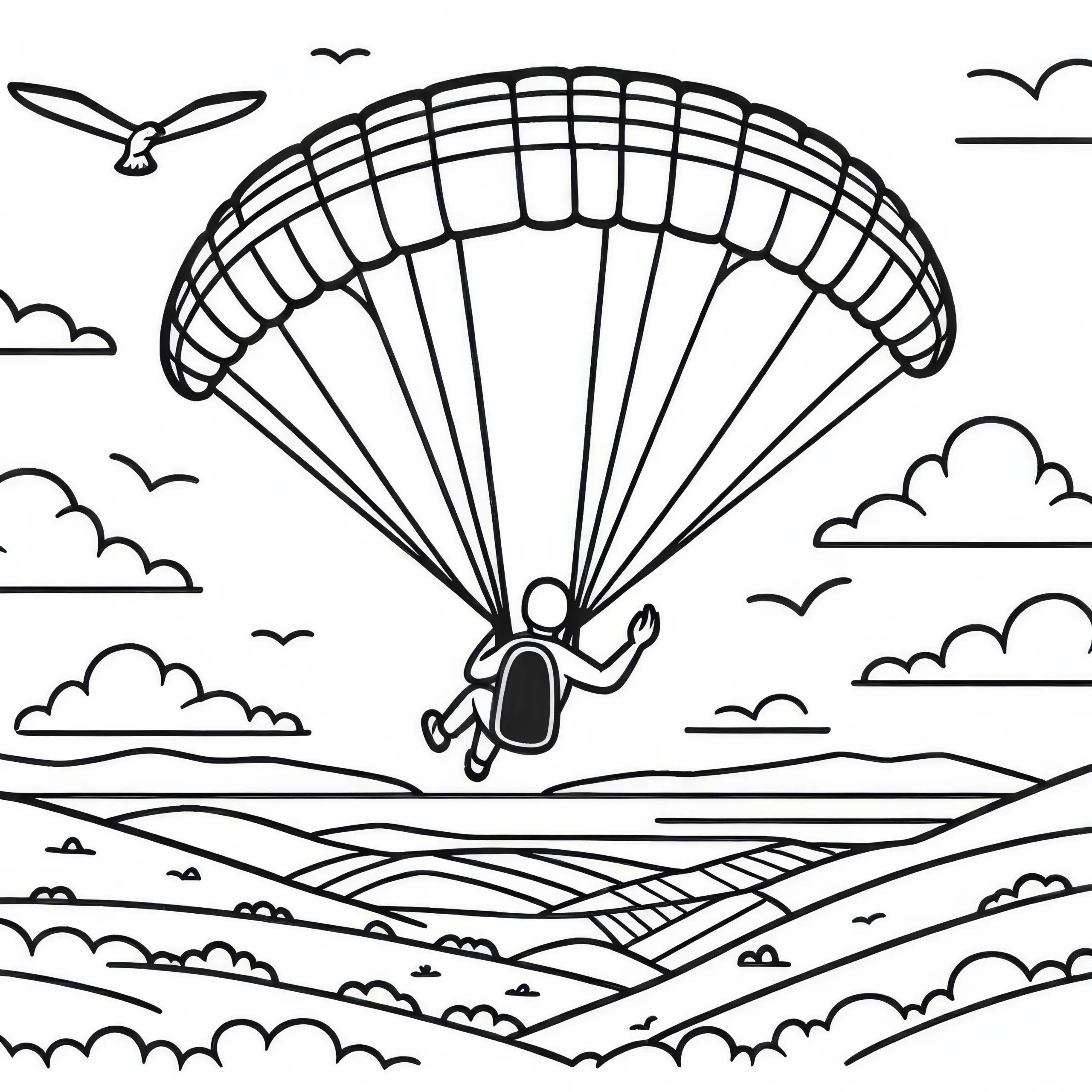 Paraglider über Landschaft – Ausmalbild einfach kostenlos